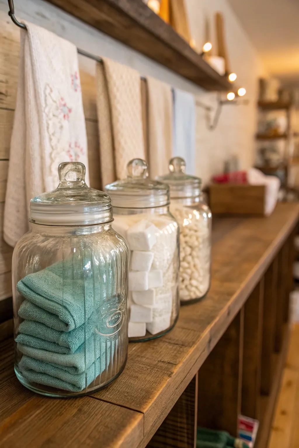 Glass jars adding both style and practicality to the laundry space.