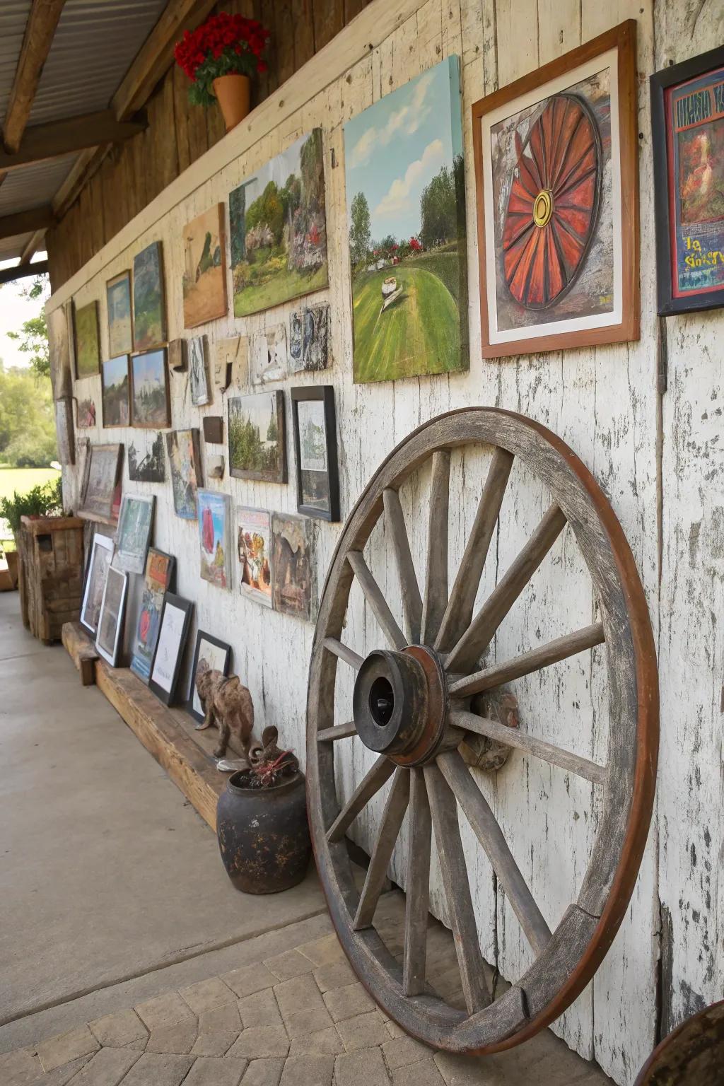 An artistic display finds a perfect backdrop in a rustic wagon wheel.