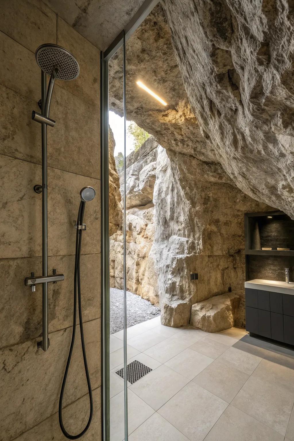 Cave shower with modern fixtures and stone walls.