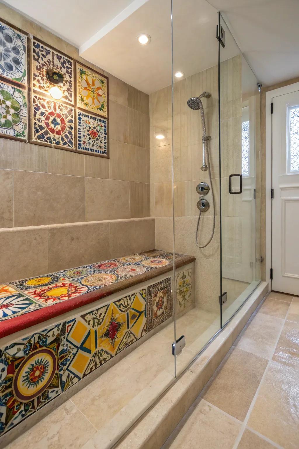 An artistic tile bench serves as a striking focal point in the walk-in shower.