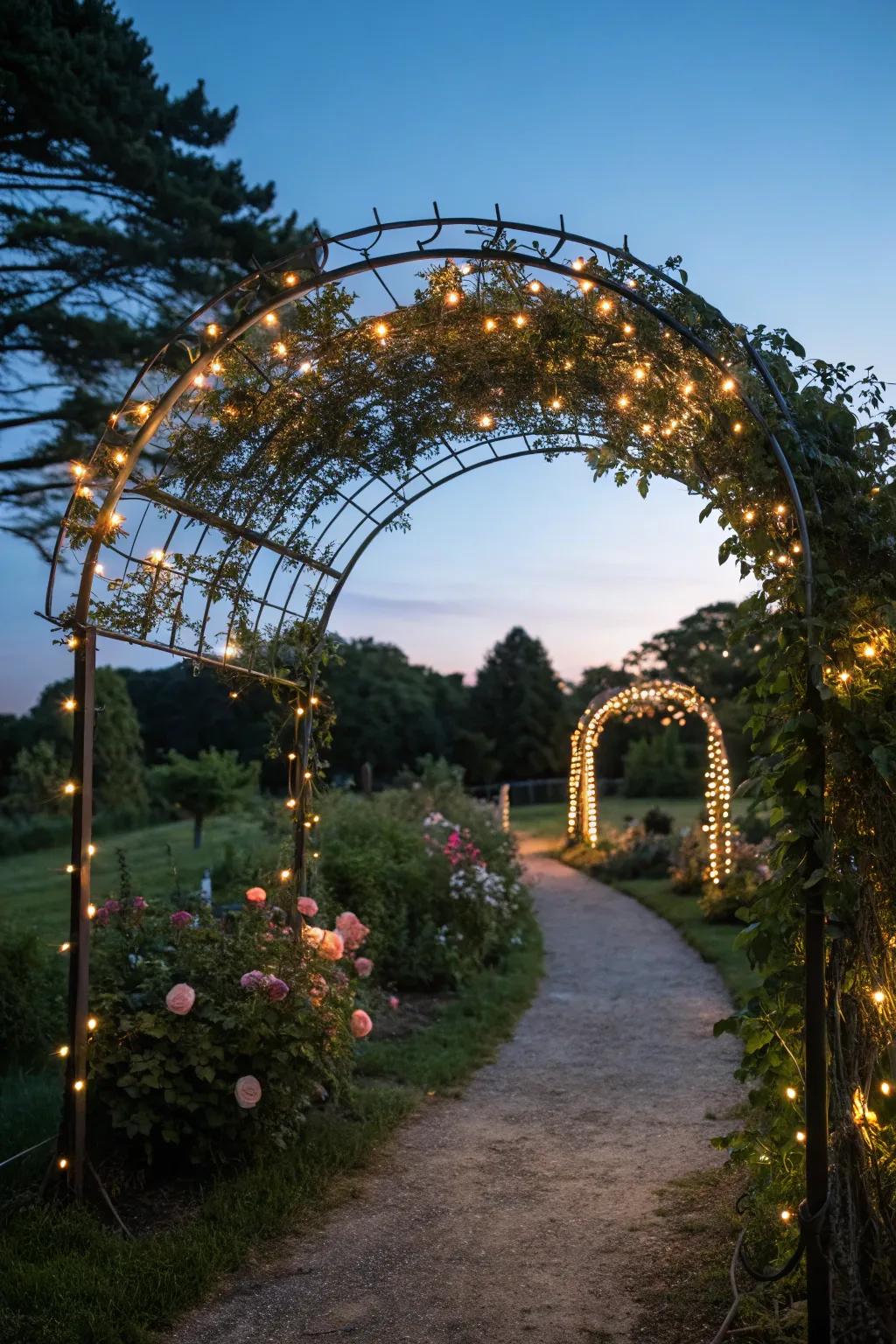 Fairy lights add a magical touch to arches, perfect for evening garden strolls.