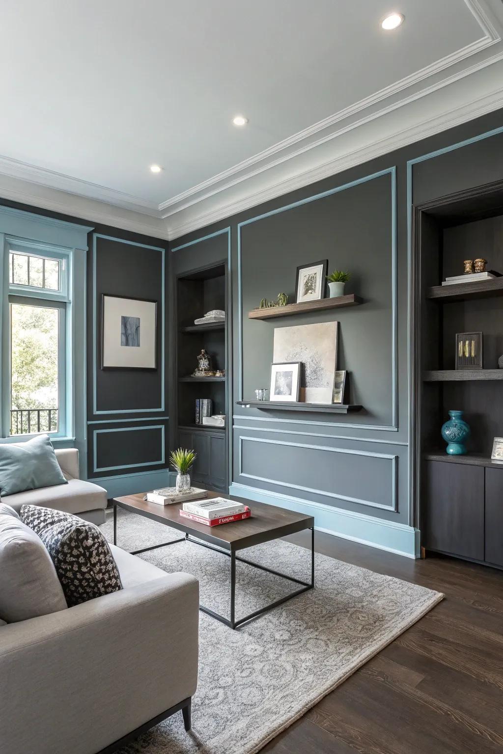 Edgy and contemporary with charcoal walls and light blue trim.