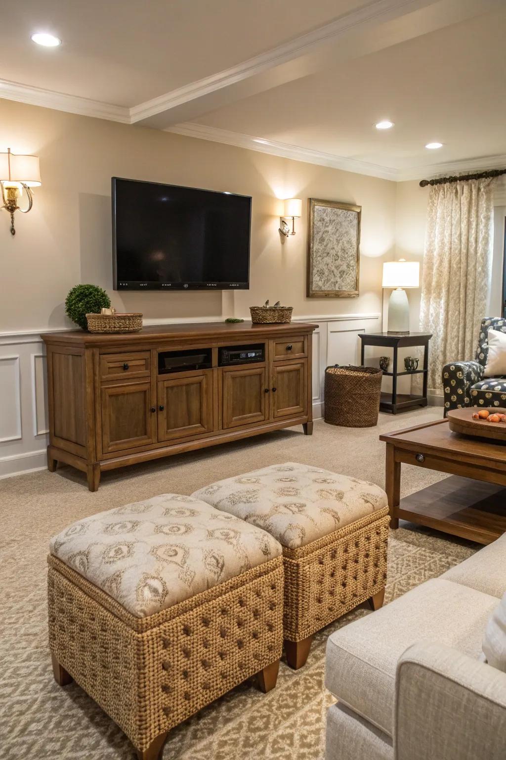 Functional furniture enhances your TV area with style.