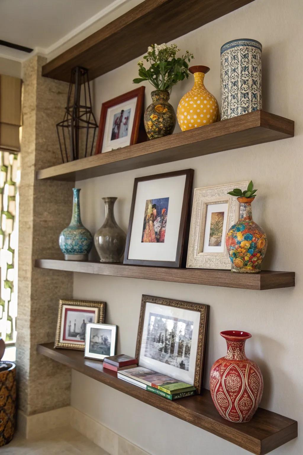 Add depth with layered decor on shelves.