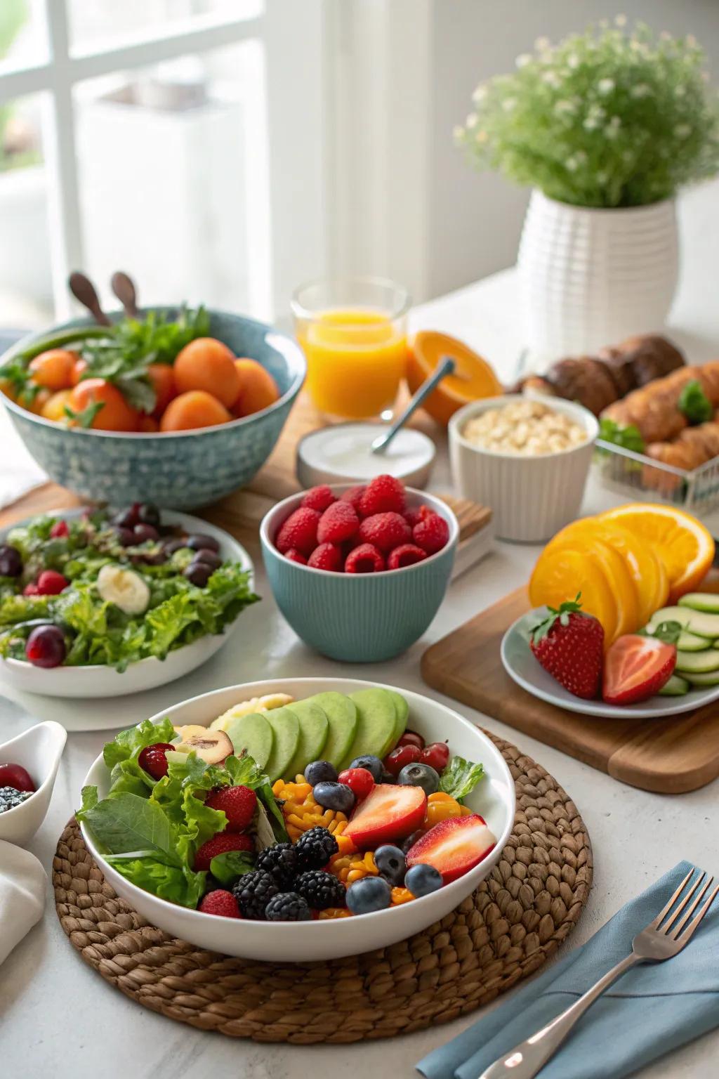 A healthy and vibrant breakfast spread with fresh fruits and vegetables.