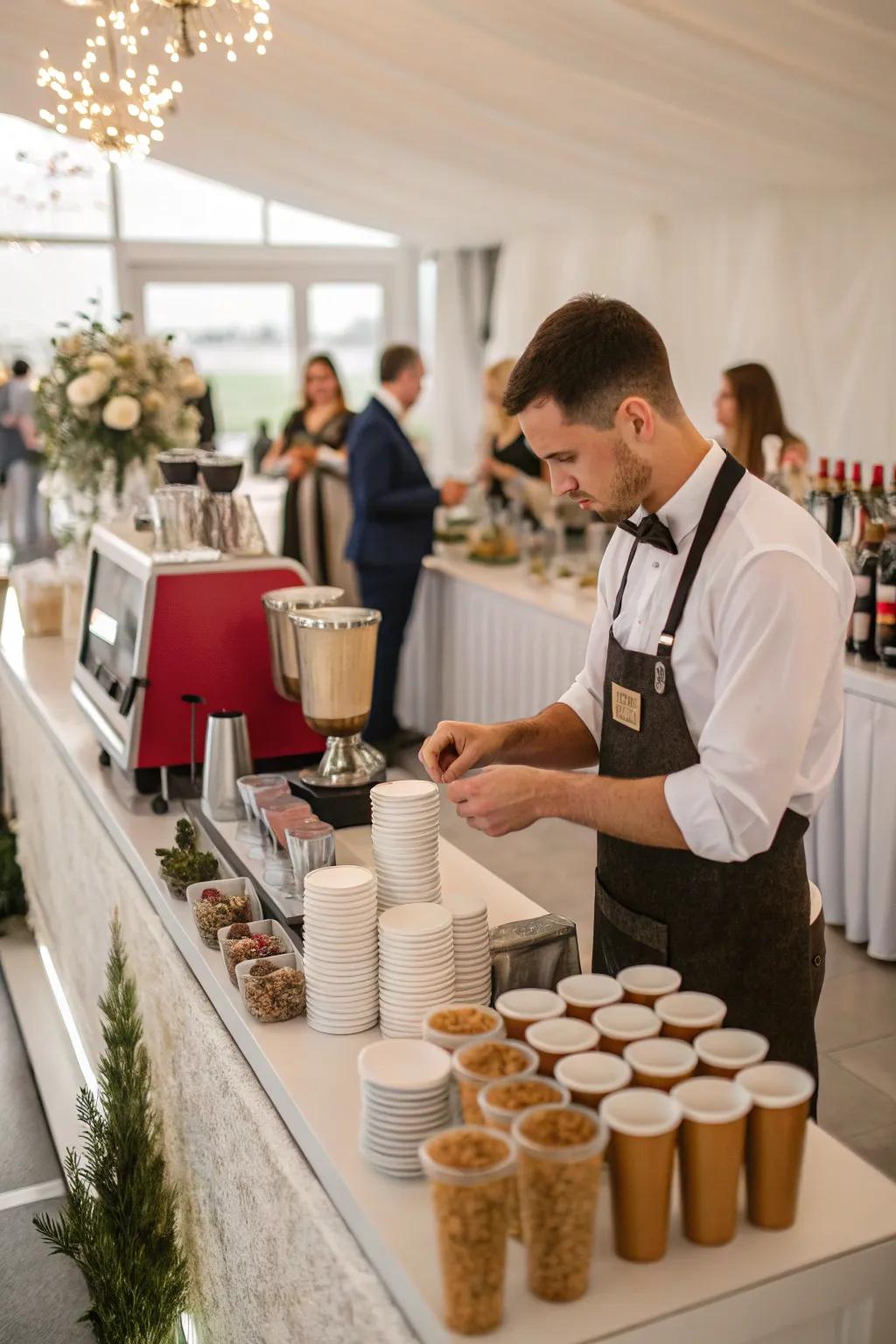 An interactive barista experience at a wedding coffee bar.