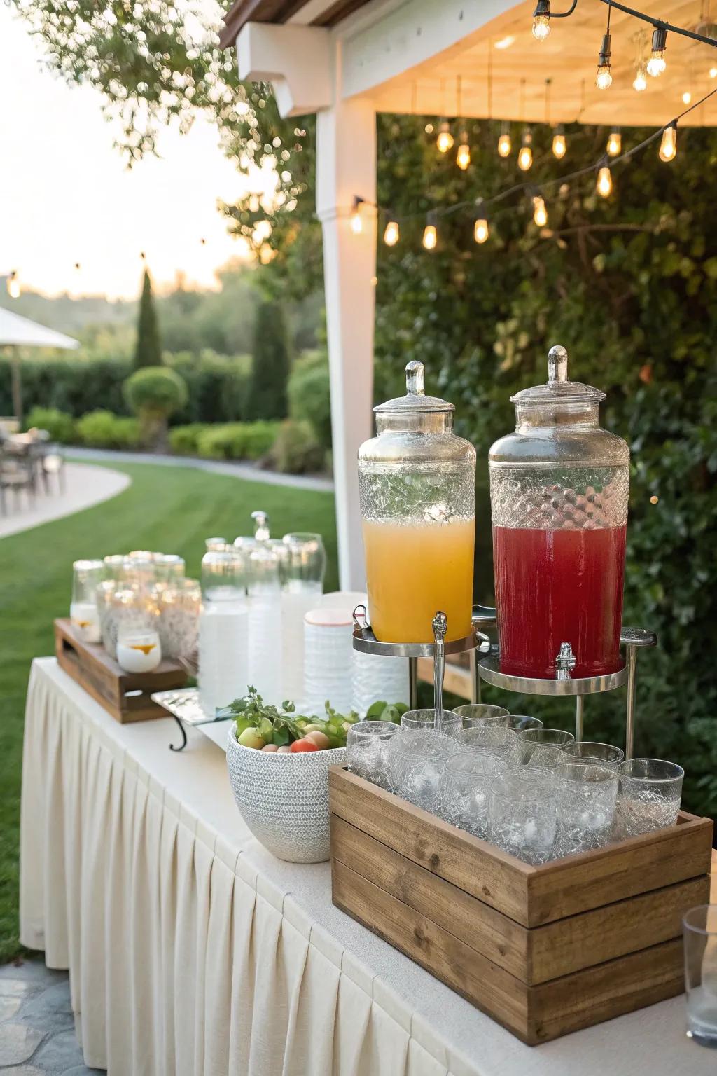 A creative wedding beverage station featuring glass dispensers with a variety of refreshing drinks.