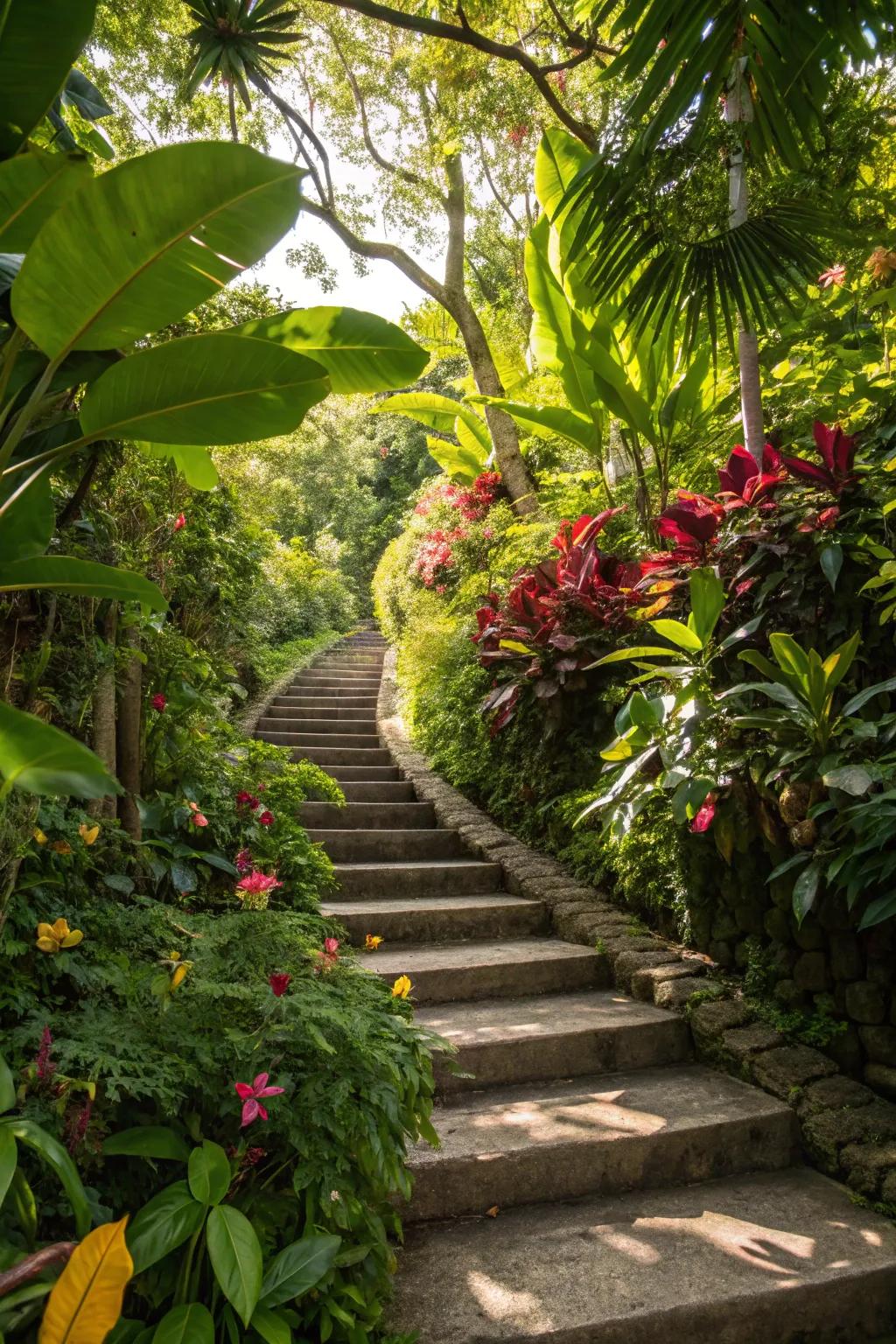 Tropical foliage creates an exotic, lush atmosphere on this staircase.