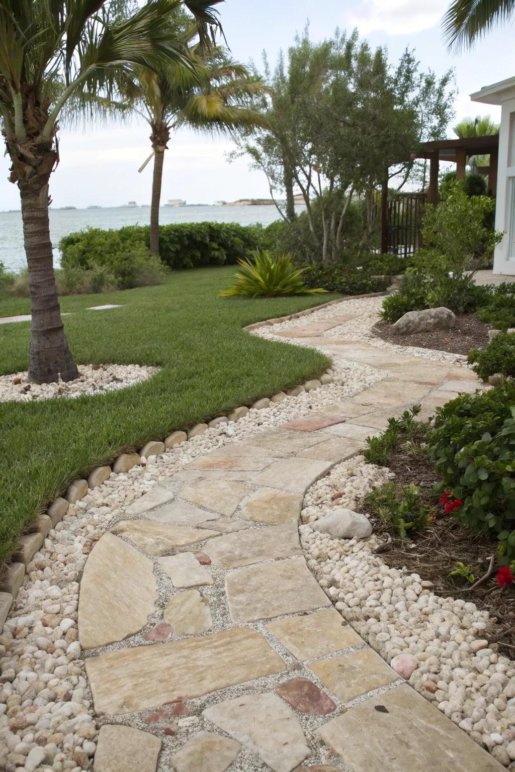 Crushed shells add a unique seaside charm to flagstone paths.