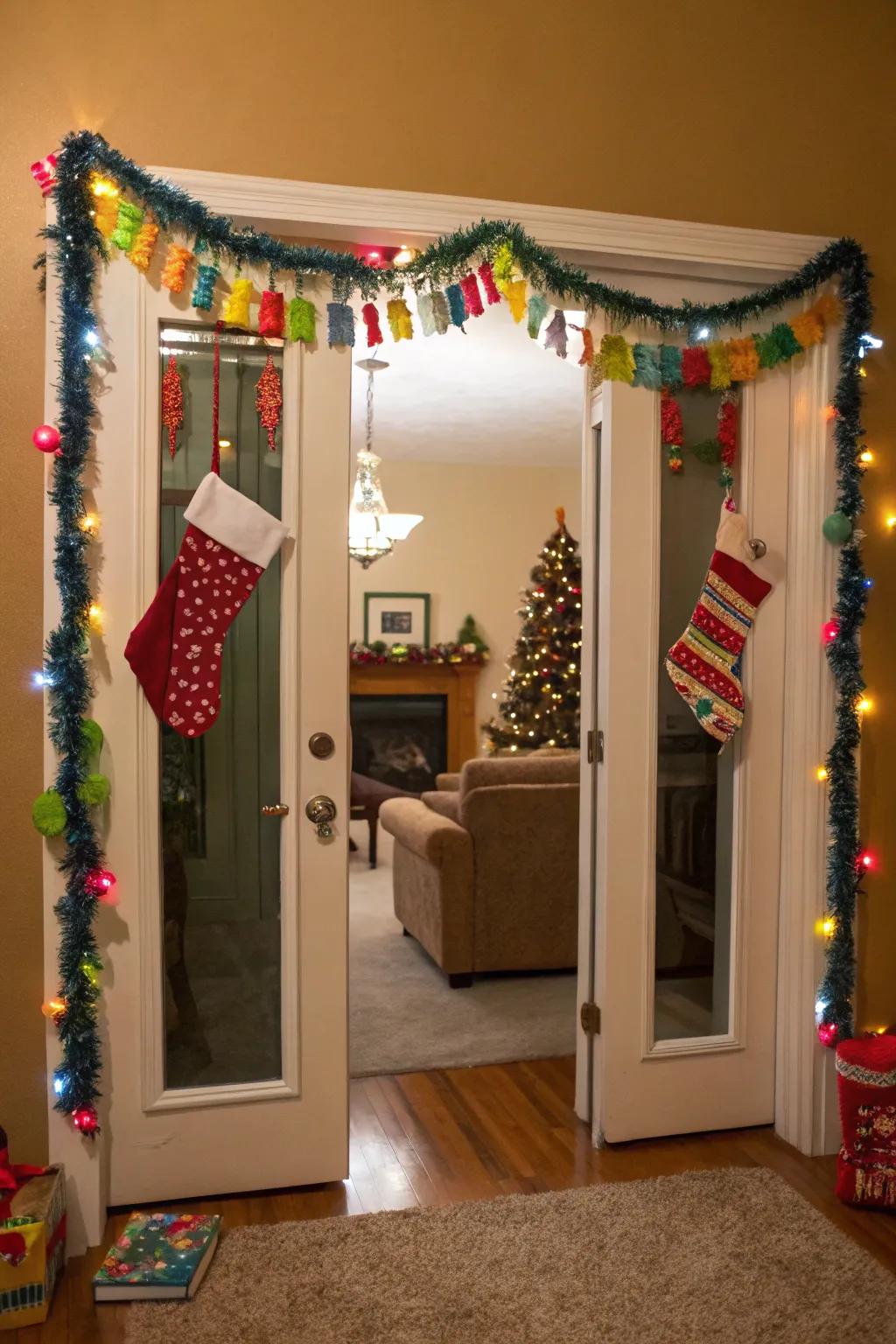 Garlands above doorways transform entrances into festive frames.