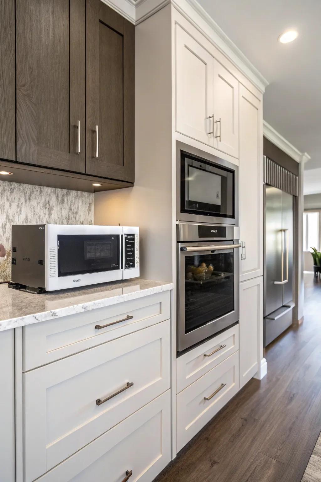 A recessed wall microwave offers a sleek and sophisticated kitchen solution.