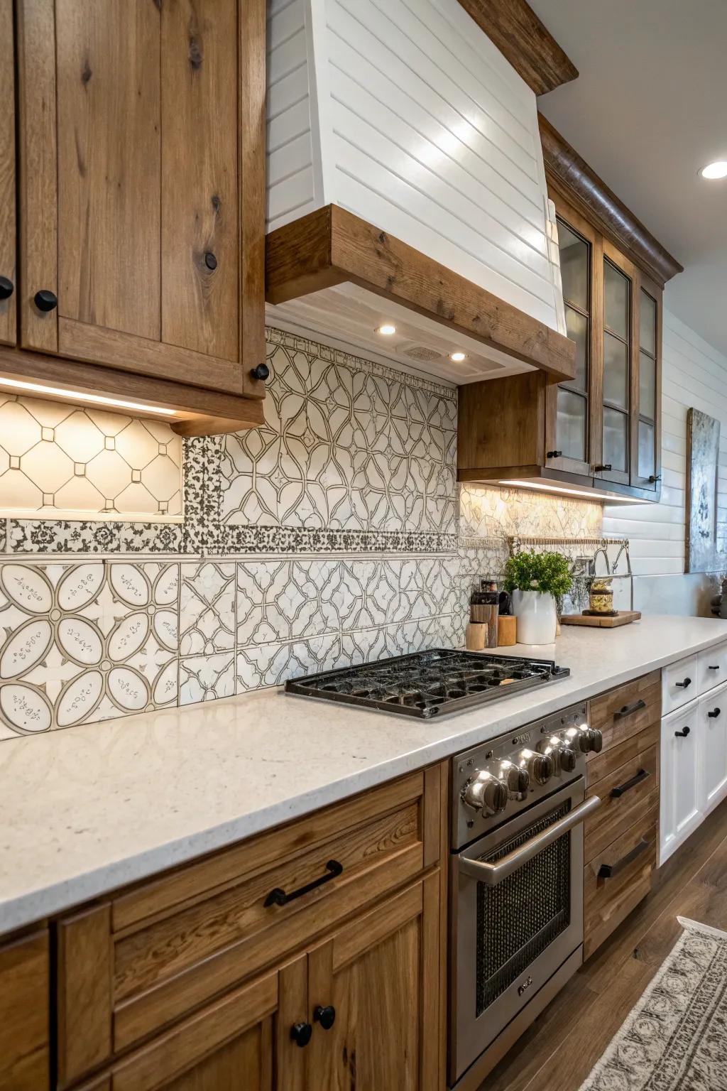 A unique backsplash with mixed materials.