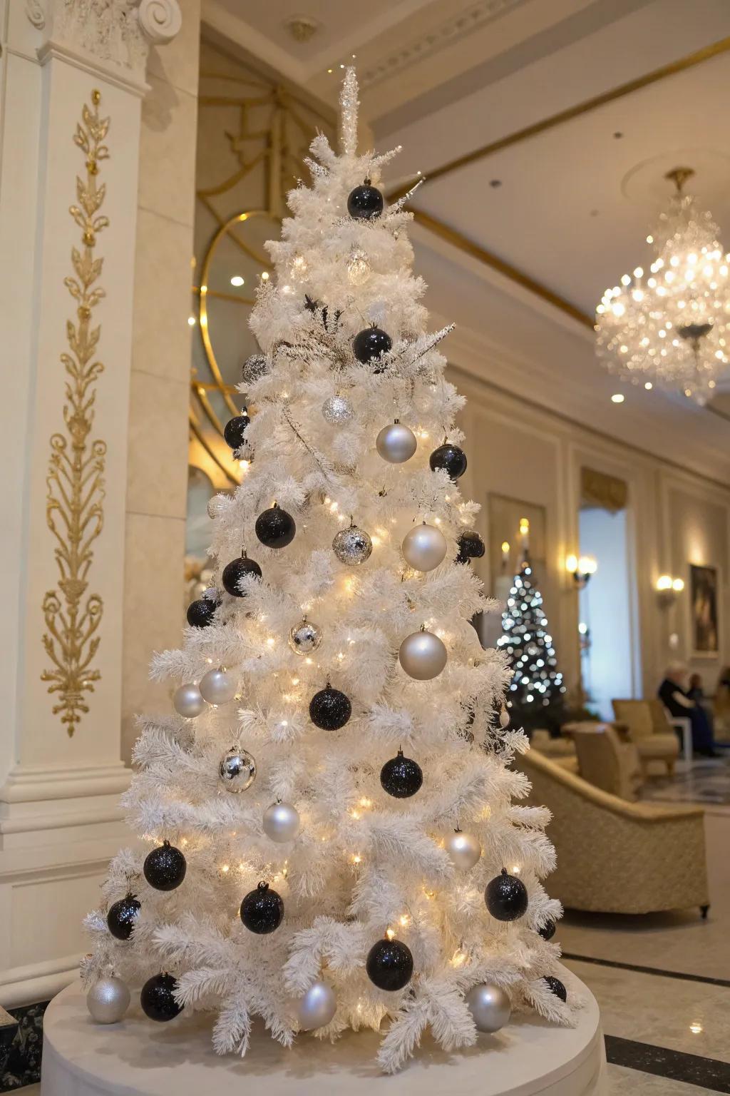 Glamorous black and silver theme for a stylish white Christmas tree.