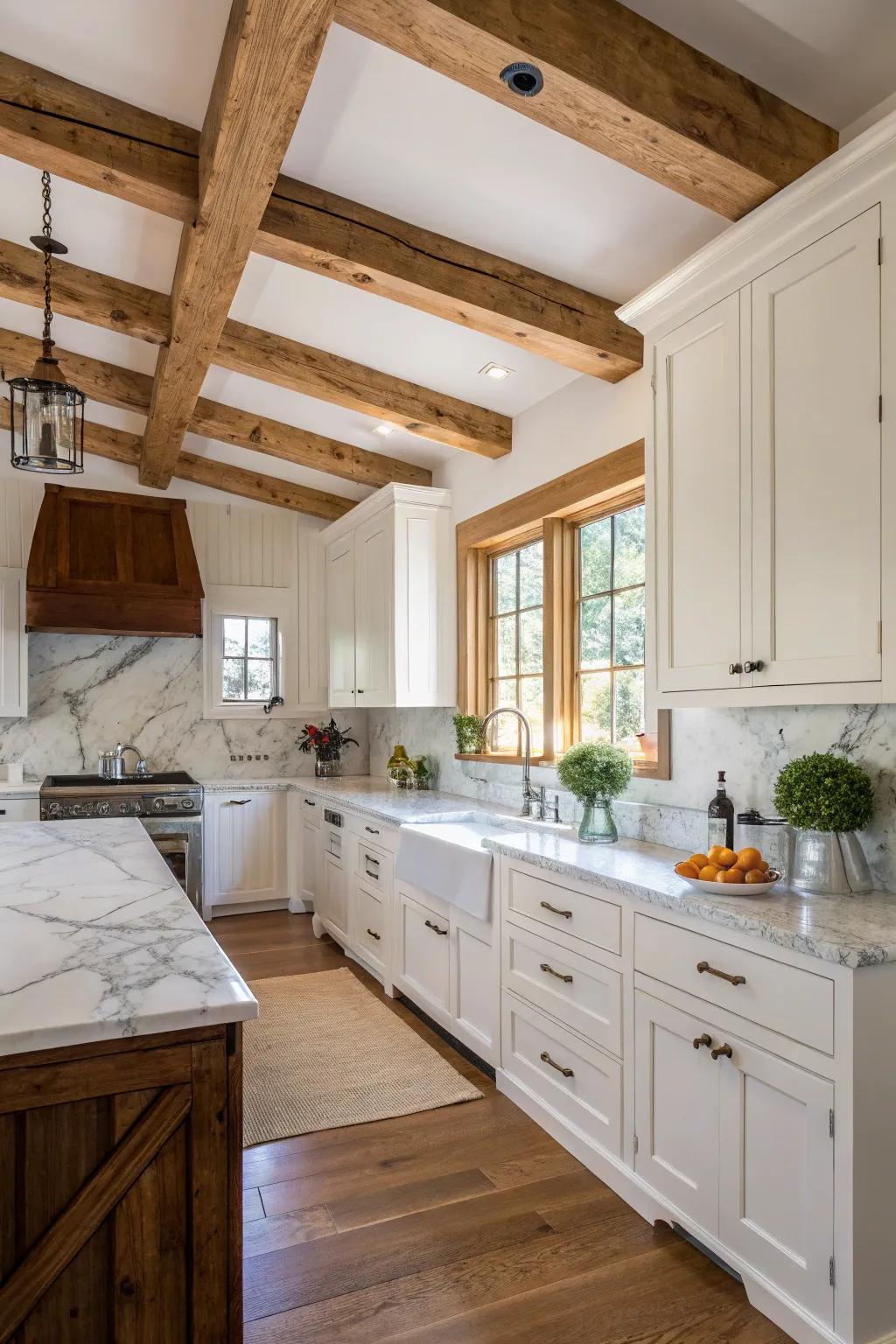 Exposed beams add rustic charm to this airy kitchen.