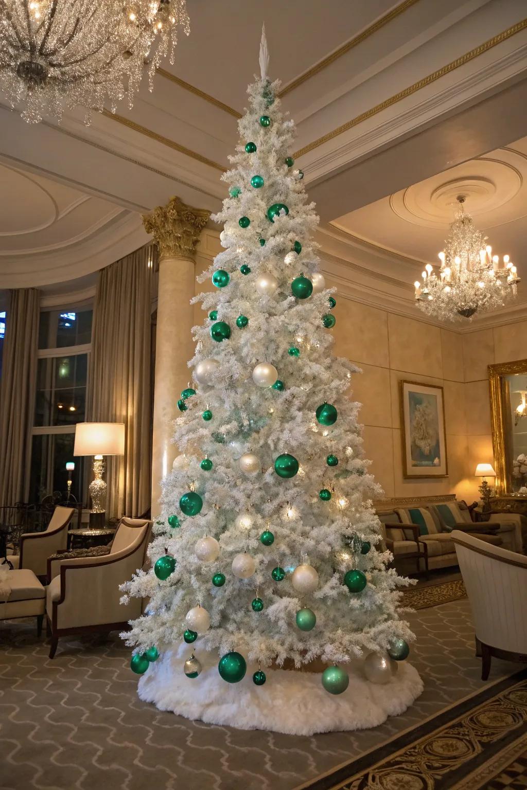 An elegant emerald-themed white pencil tree with green and white decorations.