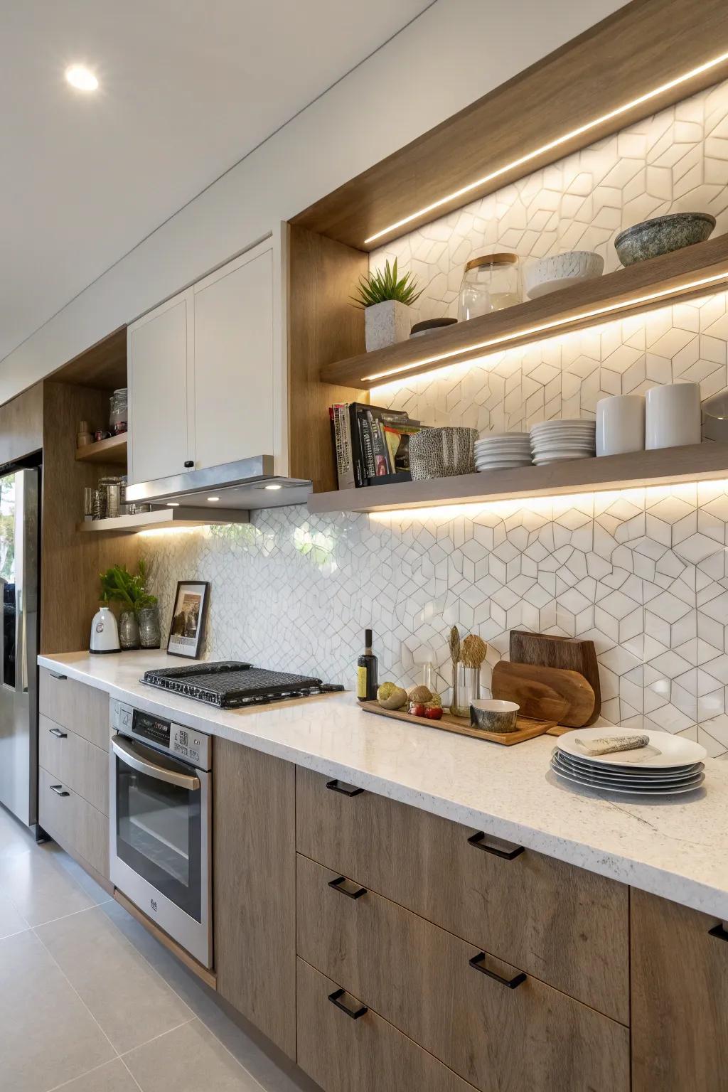 Quartz backsplash with an integrated shelf for additional storage.