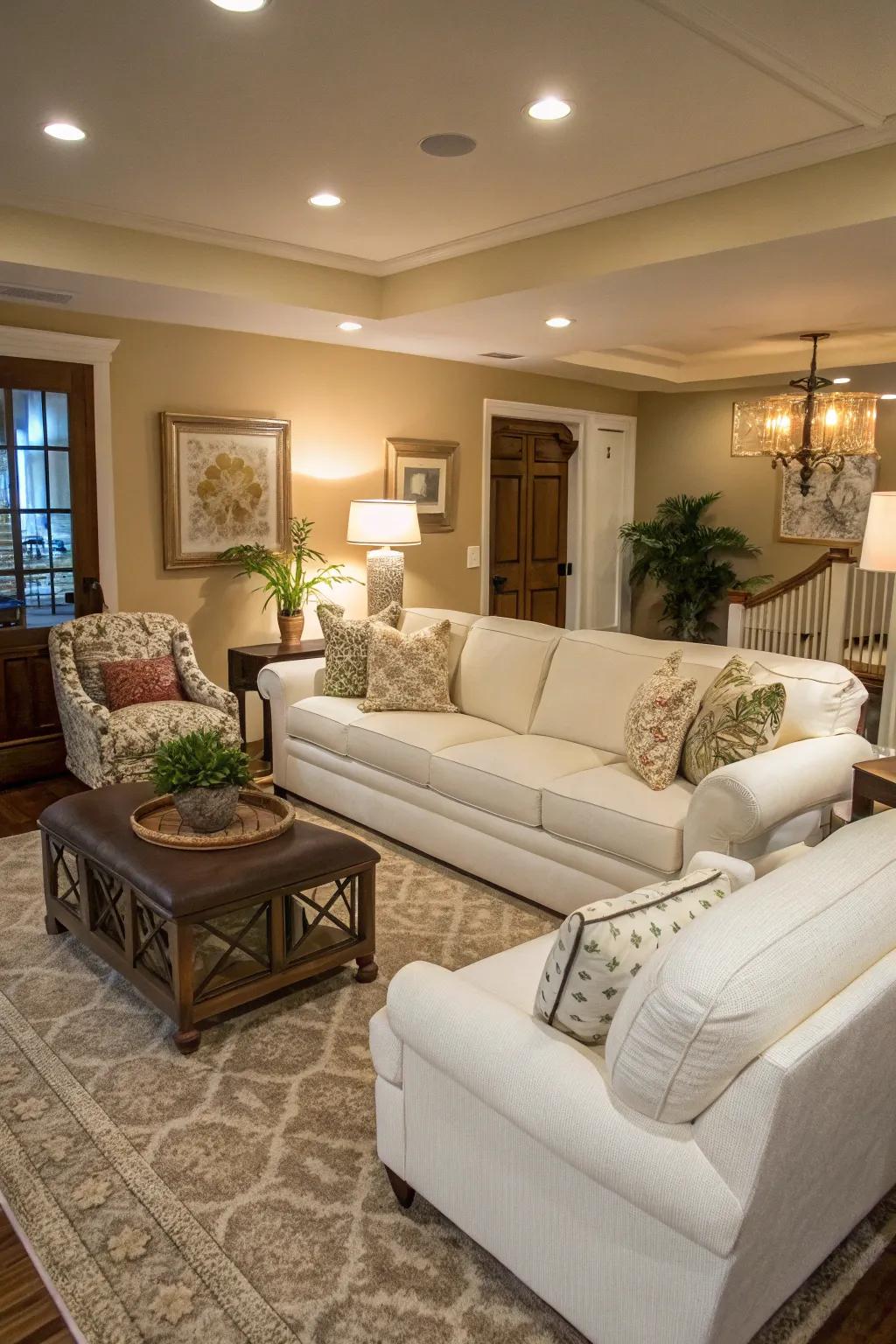 Accent furniture enhances the functionality of a living room with a white sectional.