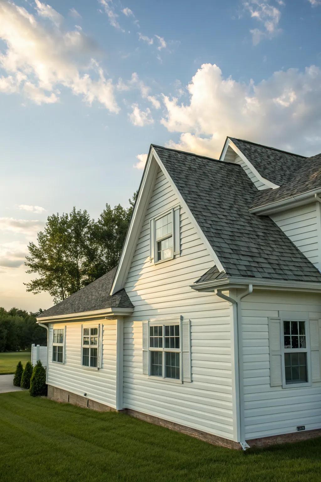 A house with white vinyl siding and charming gables.