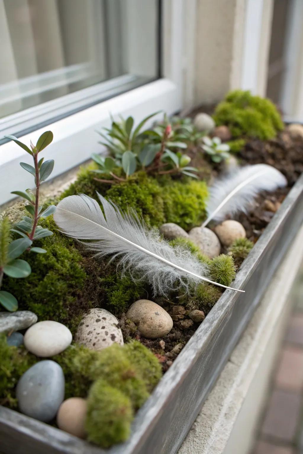 A textured delight with feathers and moss in a window box