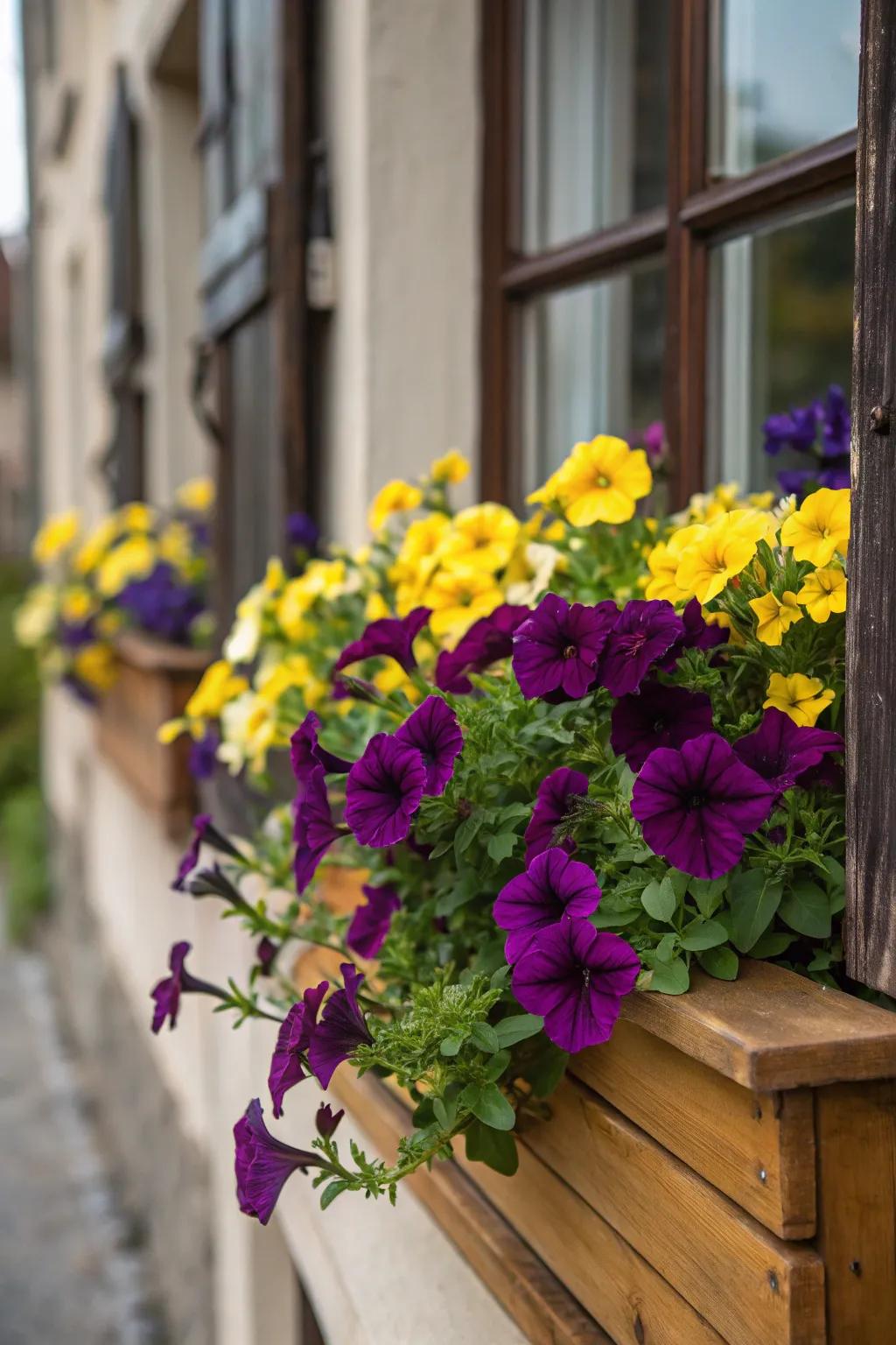 Bold contrast with deep purple and yellow flowers.