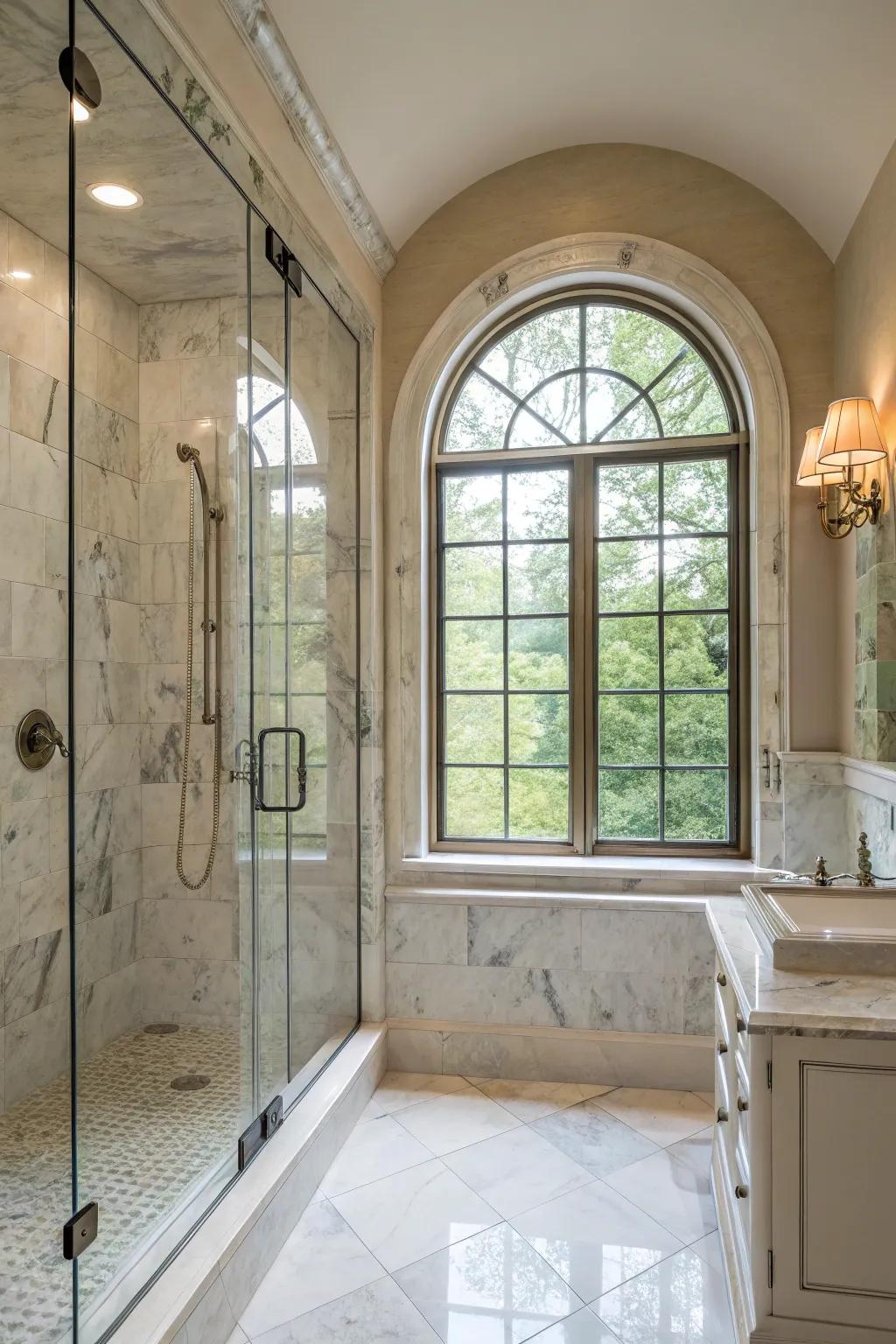 An arched window adds an elegant touch to the shower area.