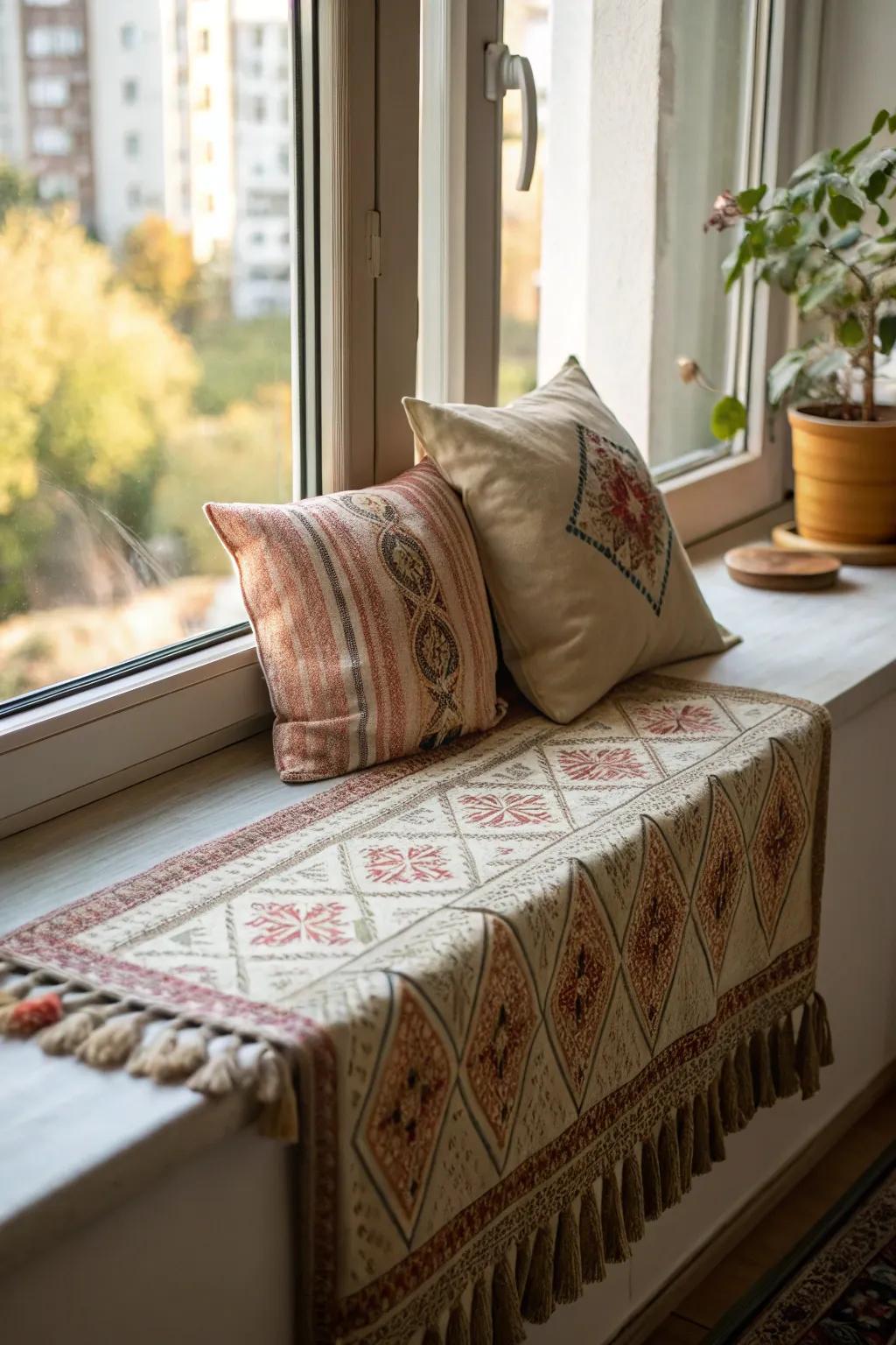 Textiles add warmth and texture to this window sill.