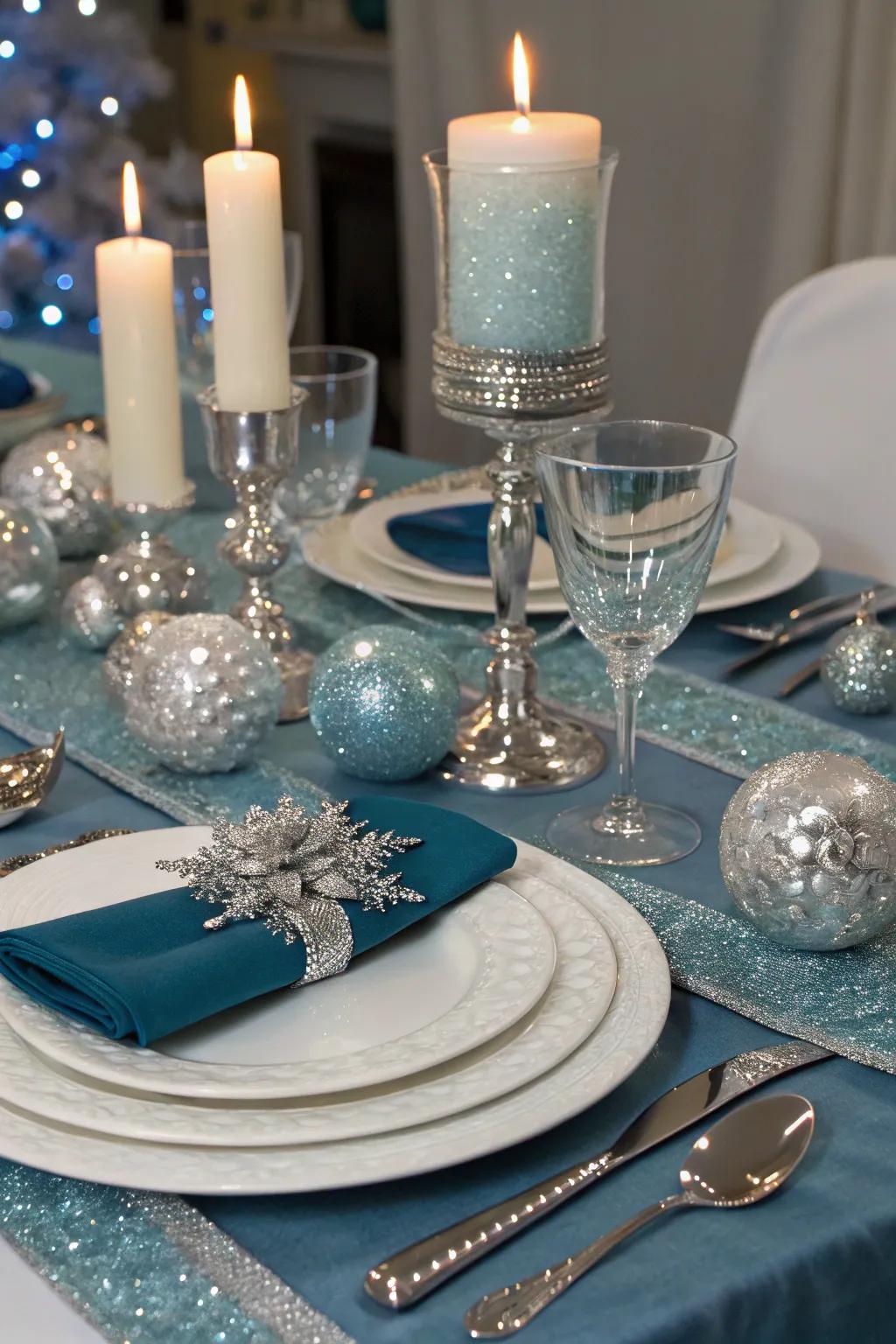 Sparkling table settings enhance the winter wonderland theme.