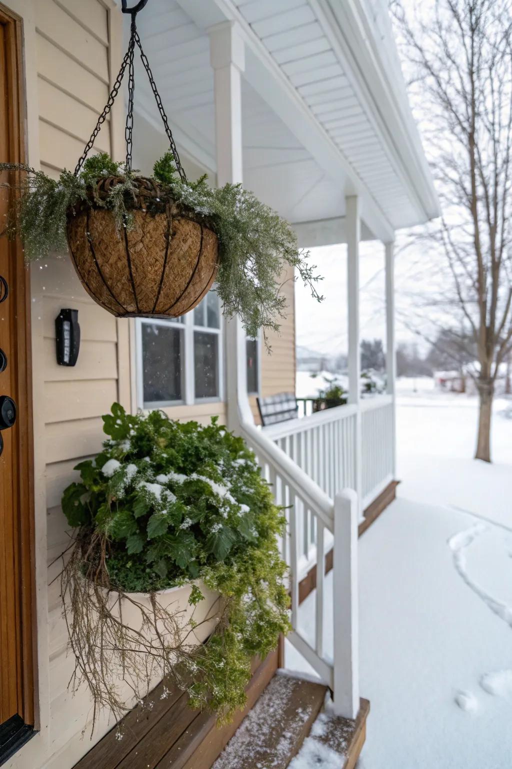 A hanging door basket filled with winter greenery.