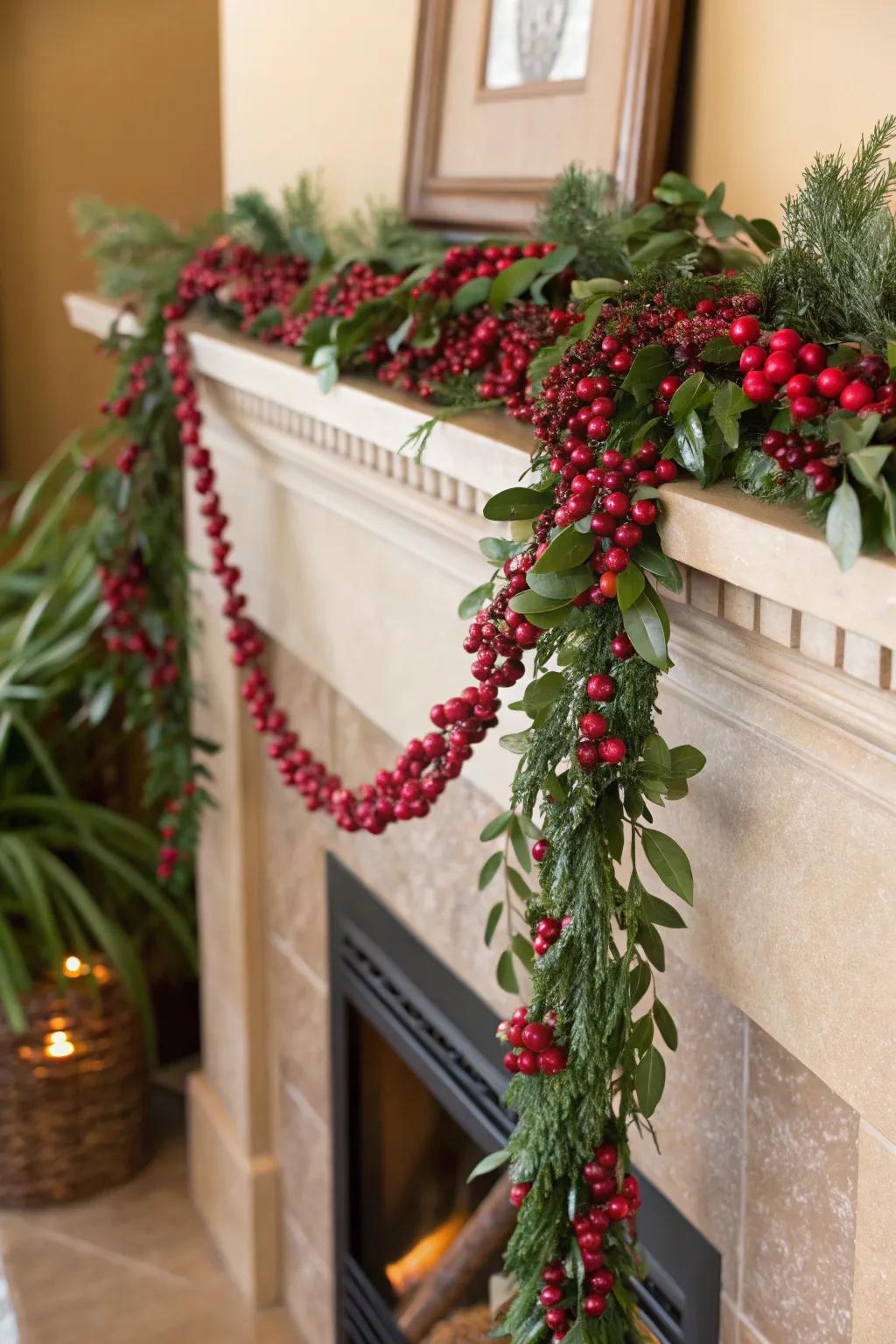 A cranberry garland adds a festive pop of color to the hearth.