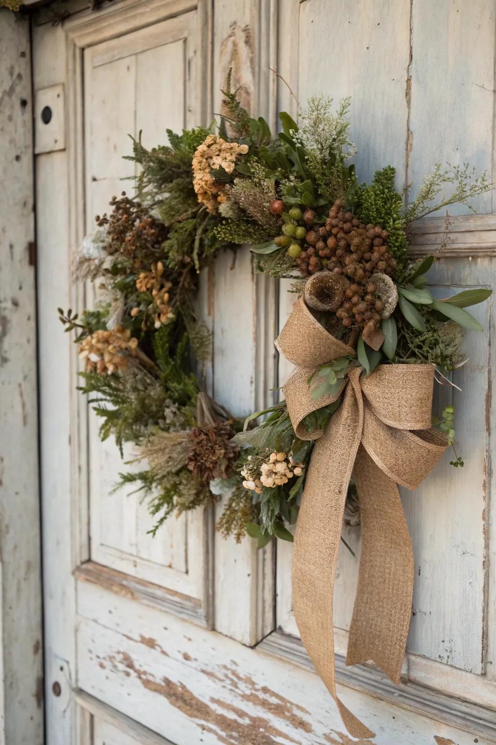 Burlap adds a vintage touch to this charming wreath.