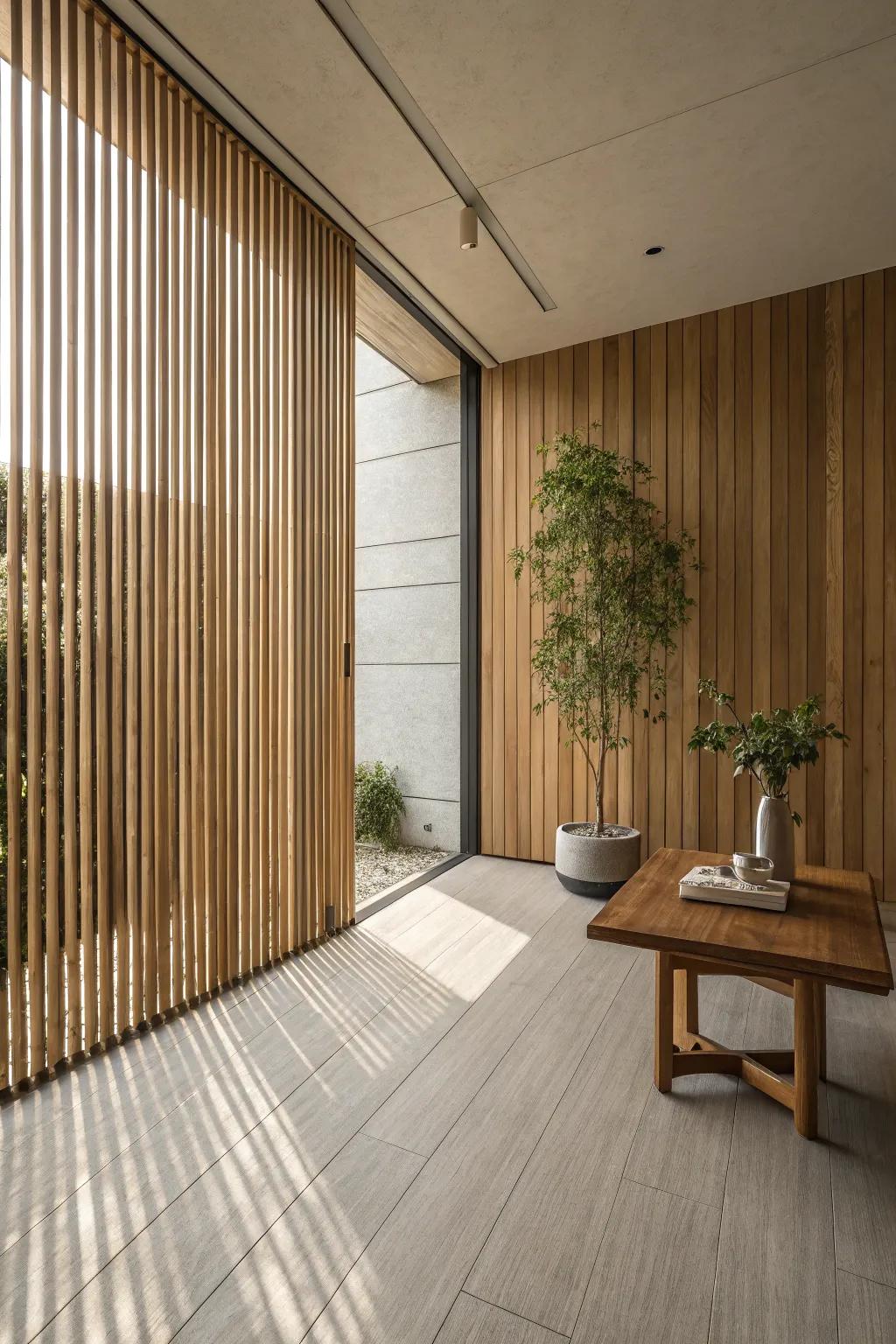 A sleek and modern room with vertical wood slats.