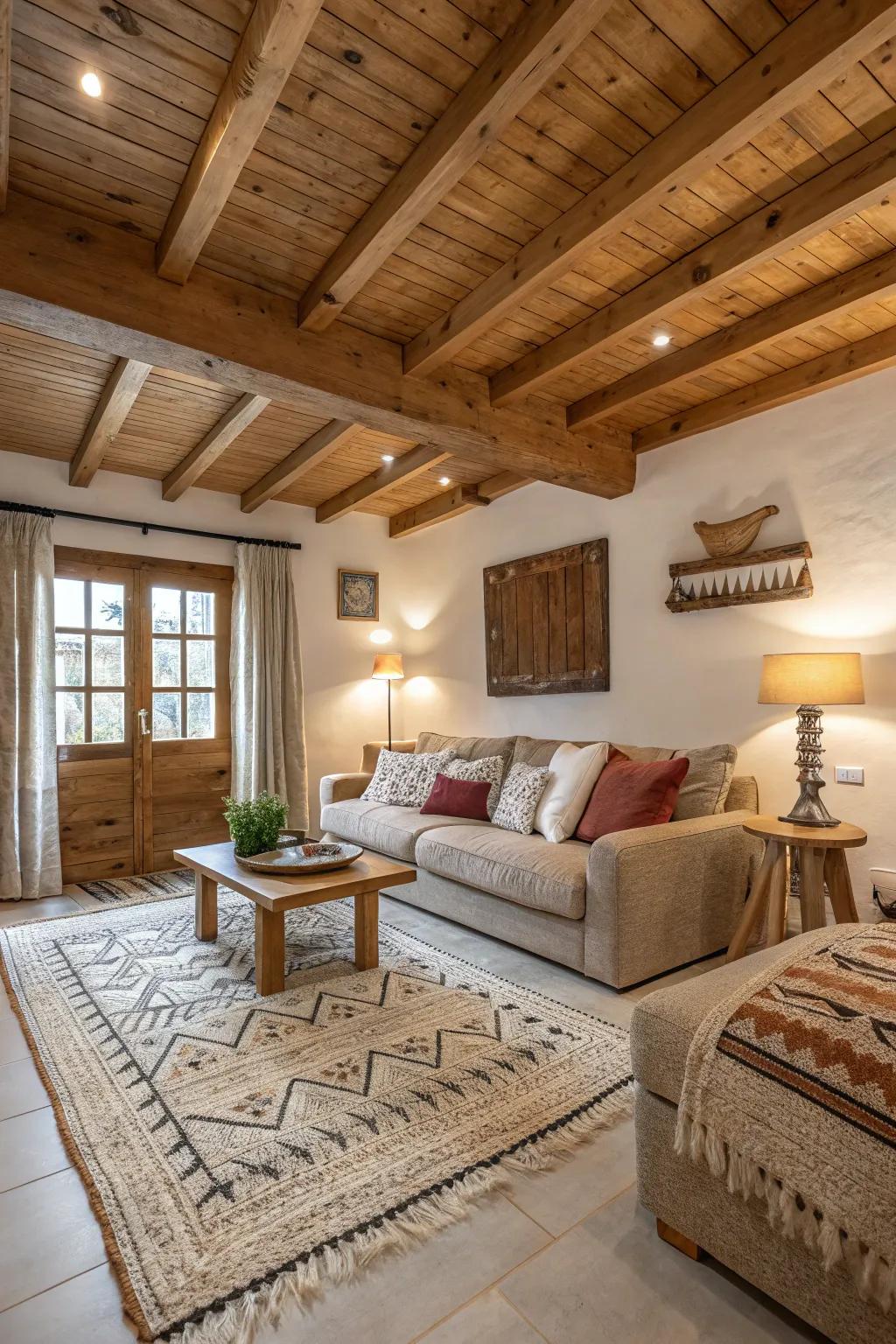 Textured elements adding comfort to a living room with wood beams.