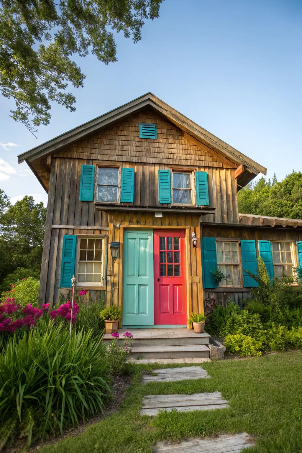 A wooden house with bold color accents that add a surprising pop of personality.