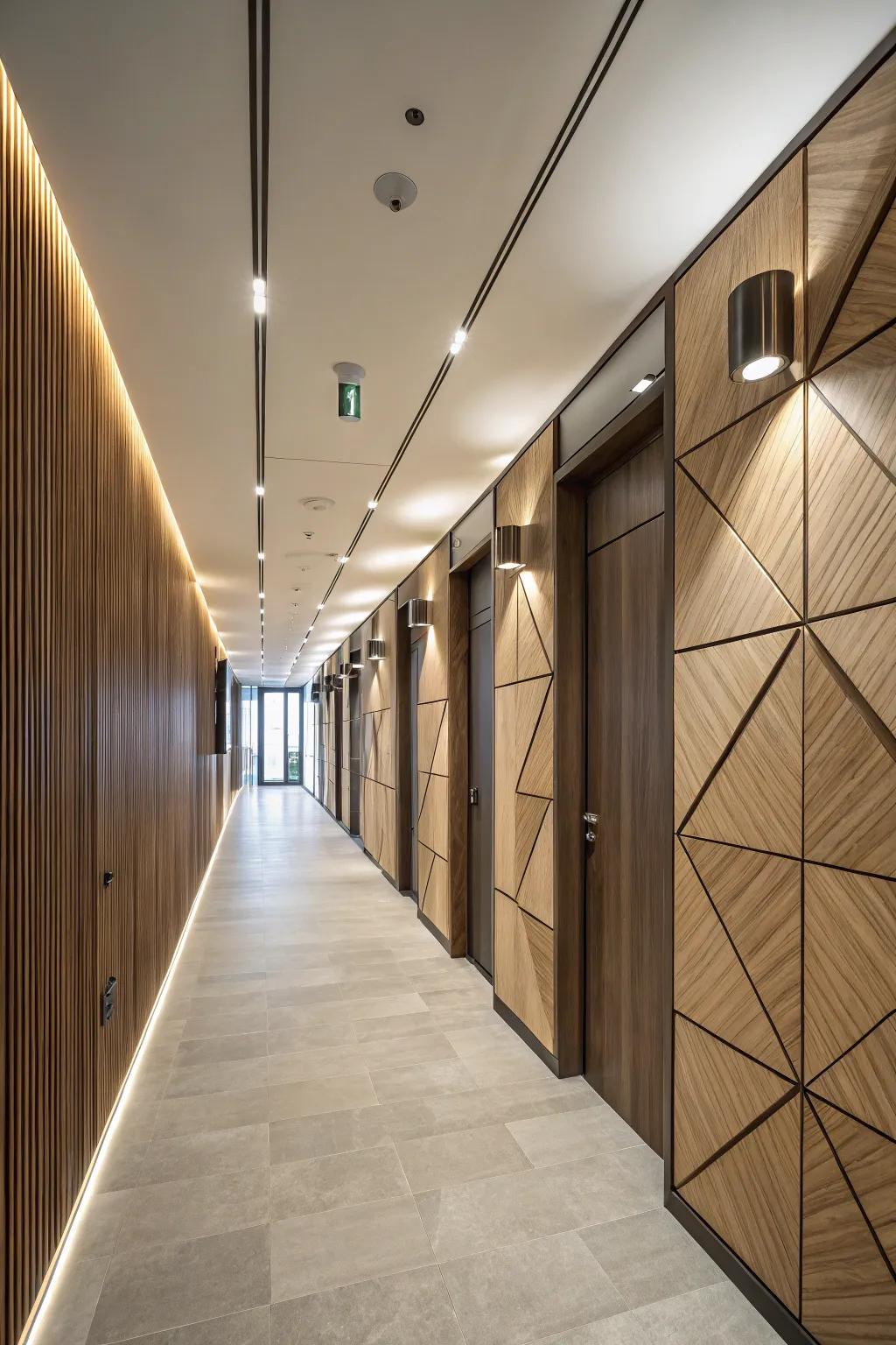 A hallway featuring geometric wood paneling.