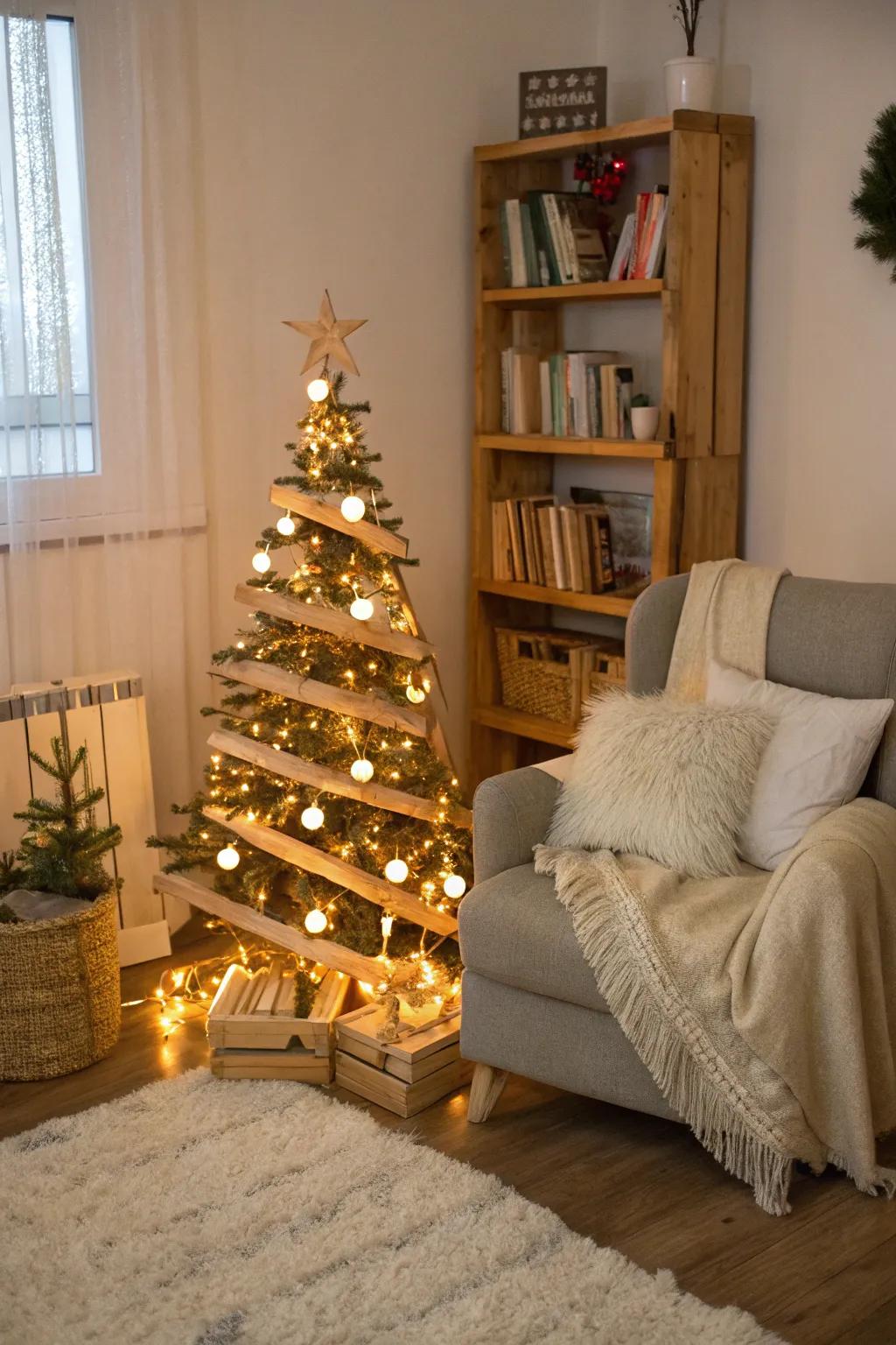 A cozy setup with a wooden tree that invites relaxation.