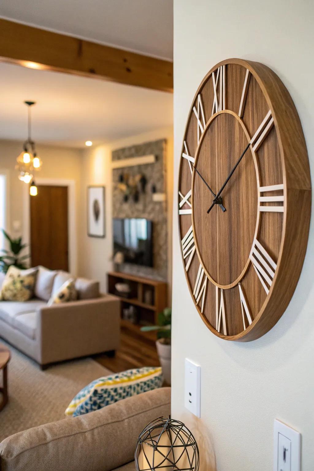 A wooden clock that combines function with artistic design.