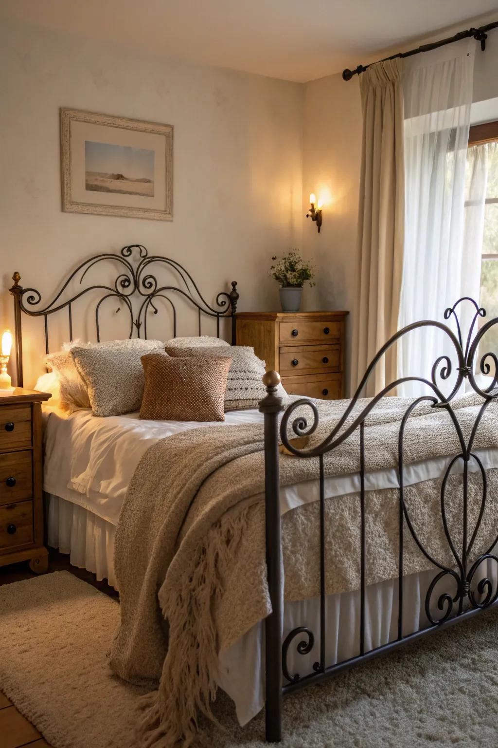 A wrought iron bed frame adds a touch of romance to your bedroom.