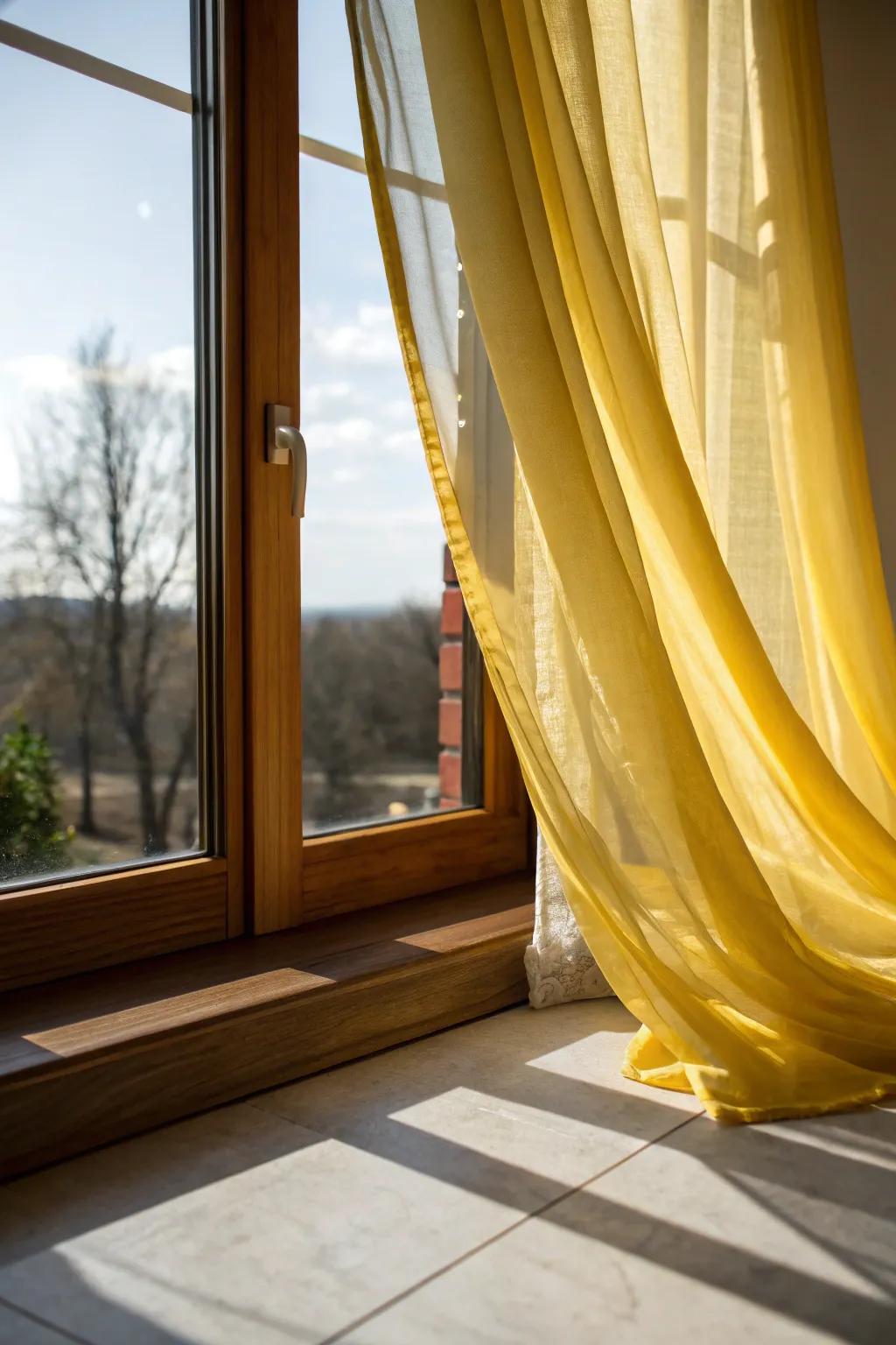 Yellow curtains frame the view and brighten the kitchen with natural light.