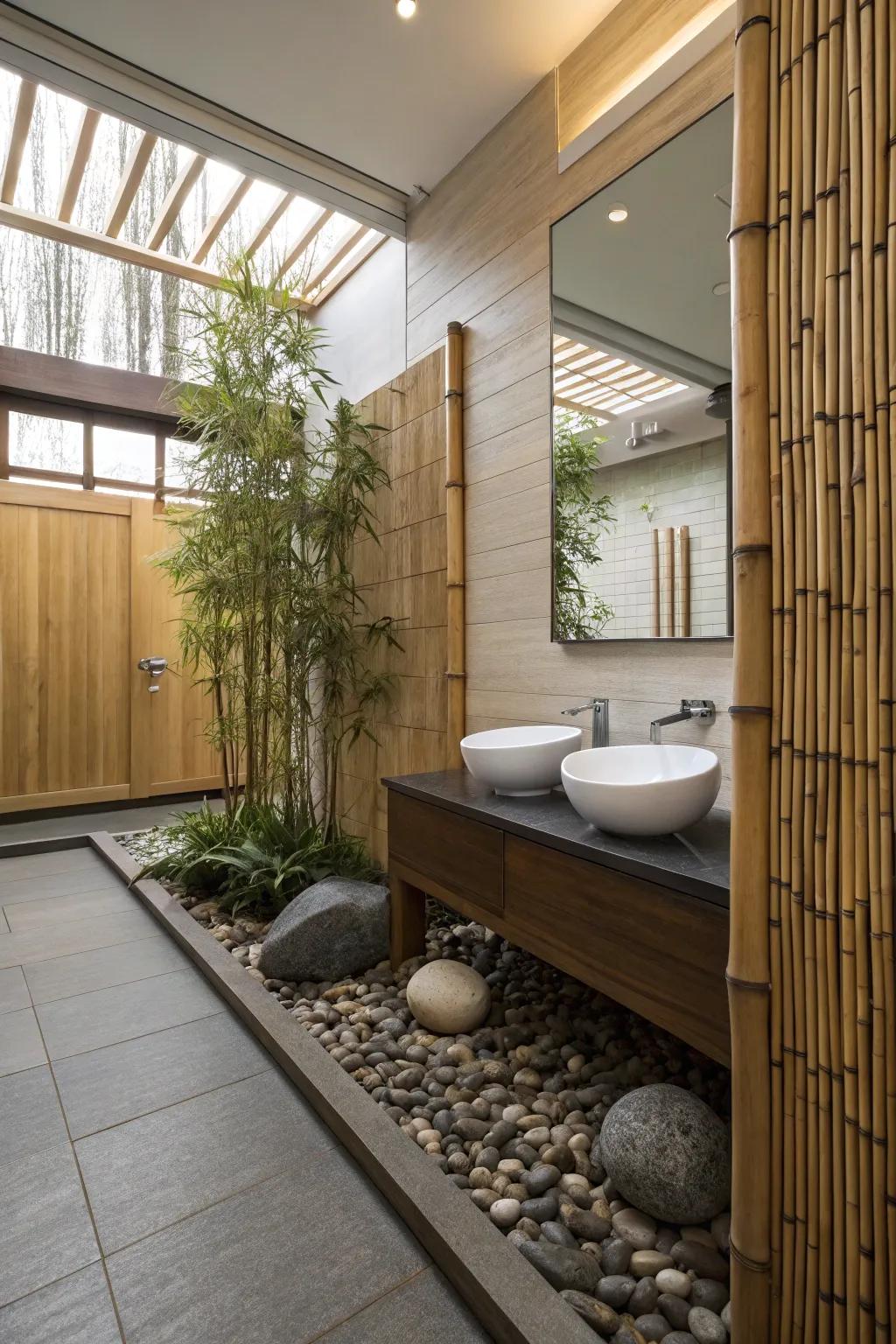 Natural elements like bamboo add authenticity to a zen bathroom.