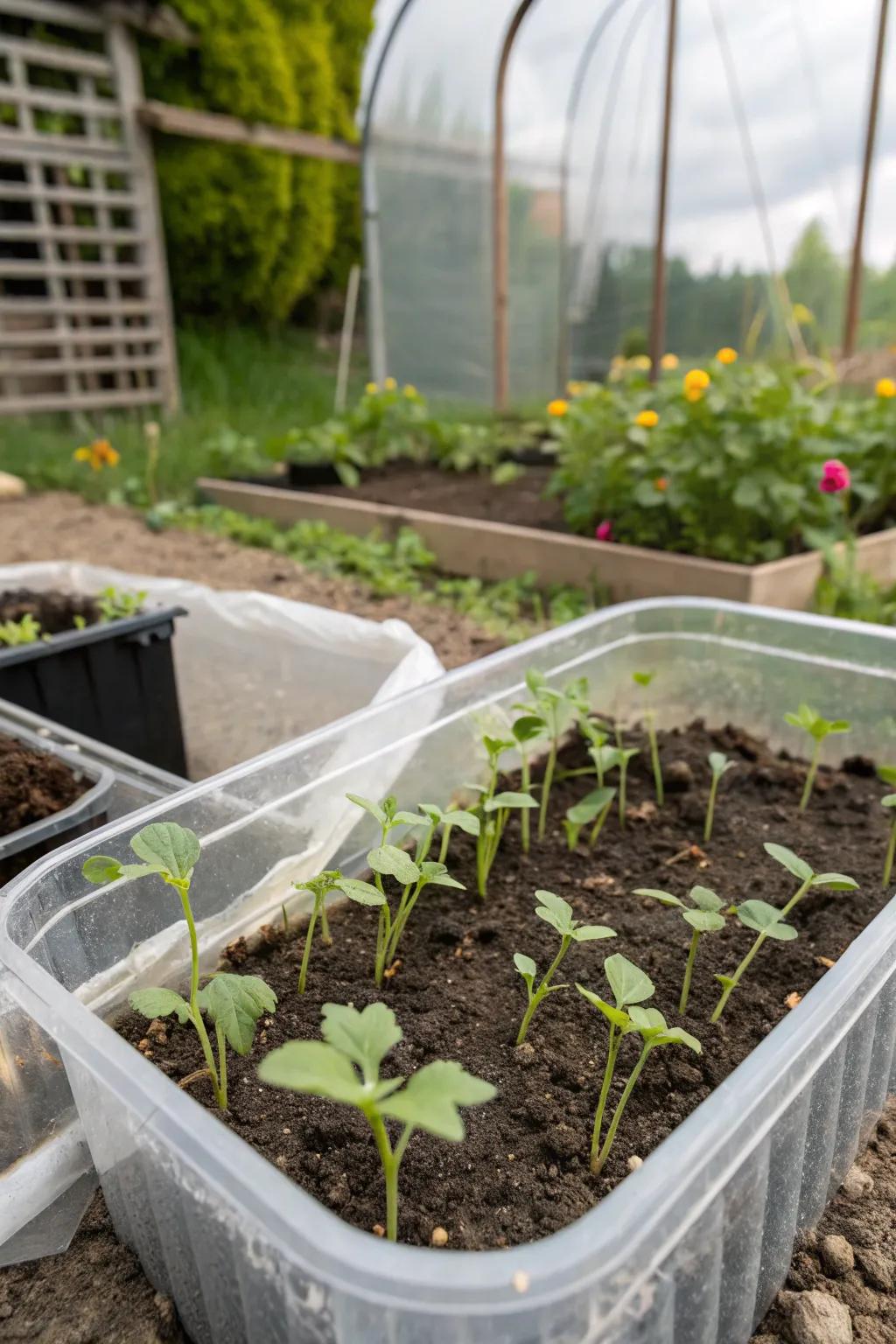 A plastic bin greenhouse nurturing young seedlings.