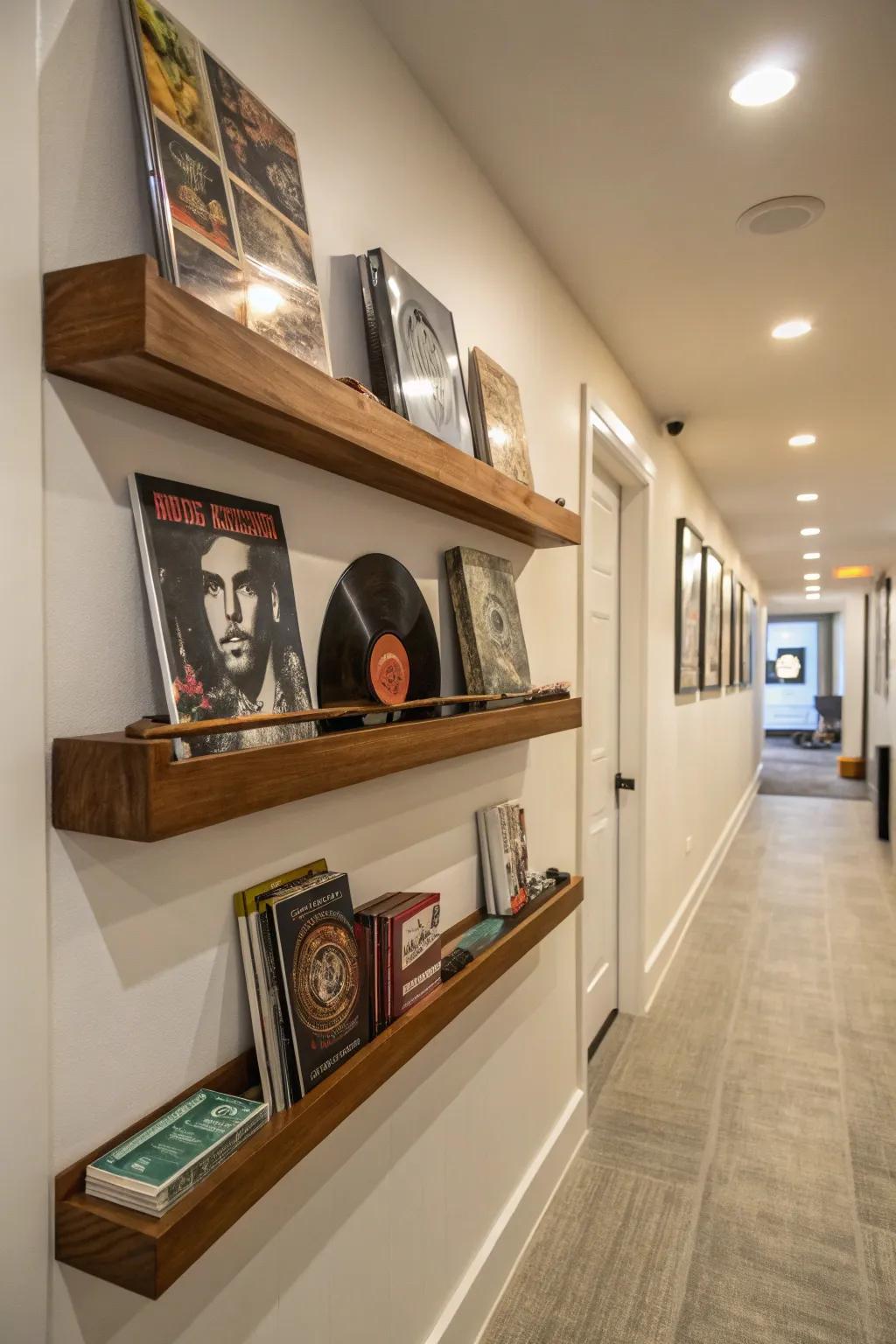 Floating shelves displaying vinyl records like wall art.