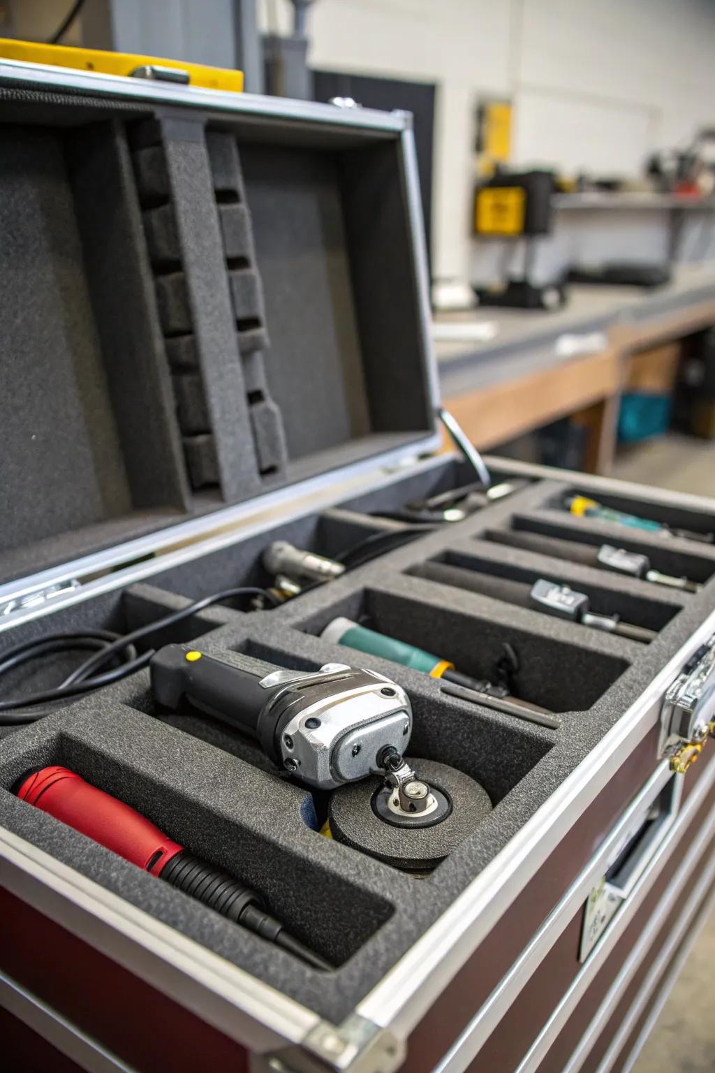 Protective tool cabinet with foam inserts for secure angle grinder storage.