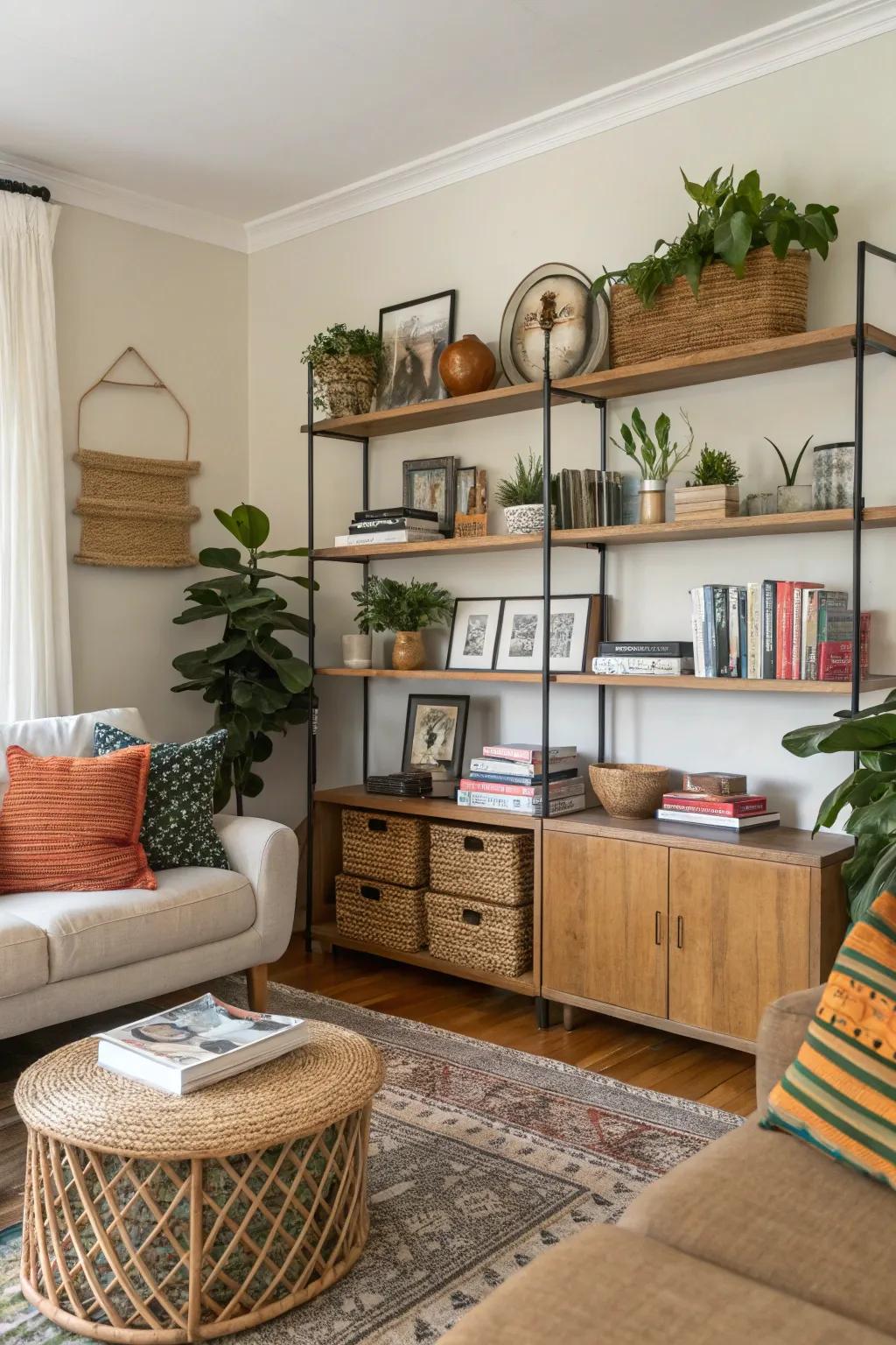 Renter-friendly shelves provide stylish storage and display options.