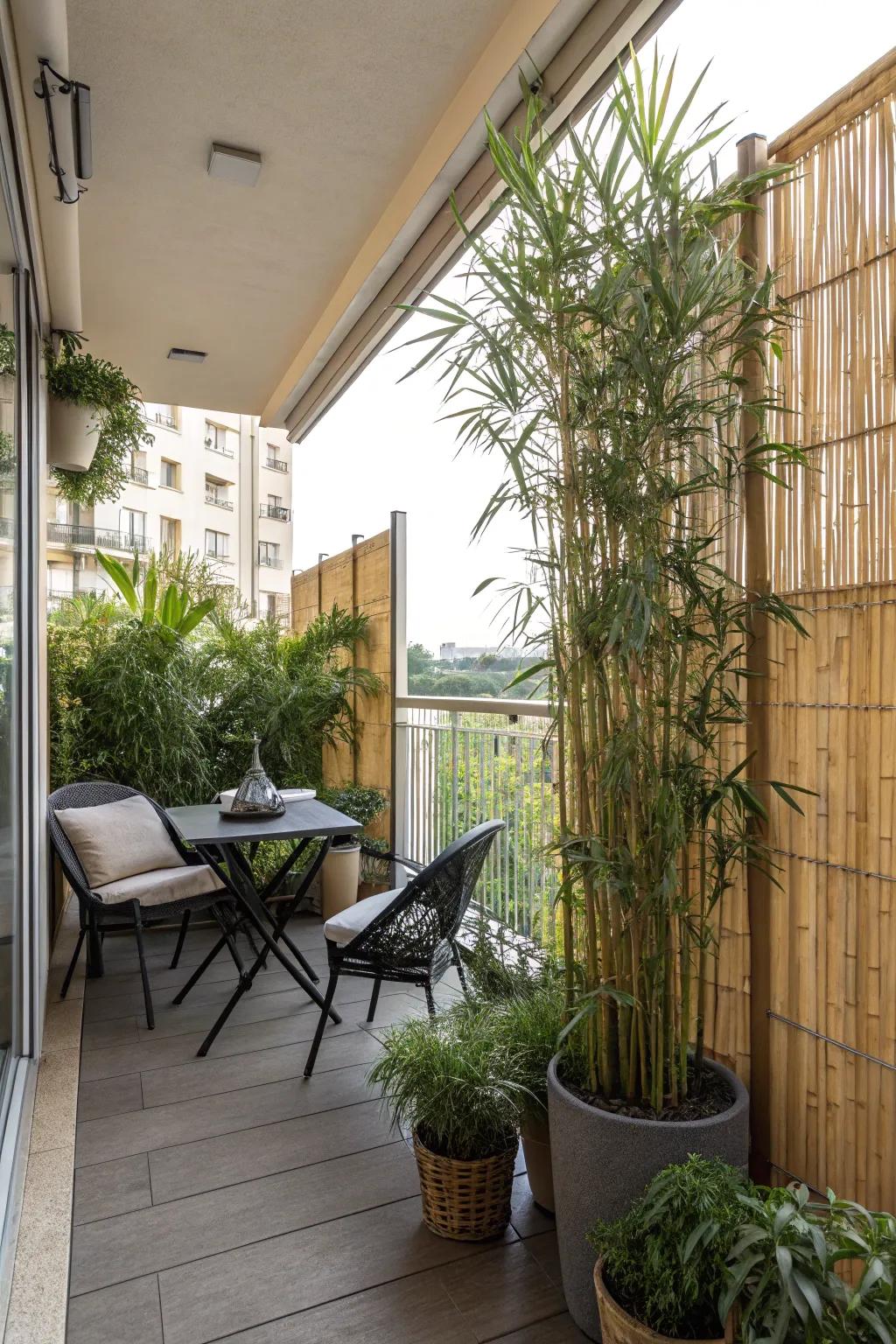 Tall plants and screens provide privacy and style.