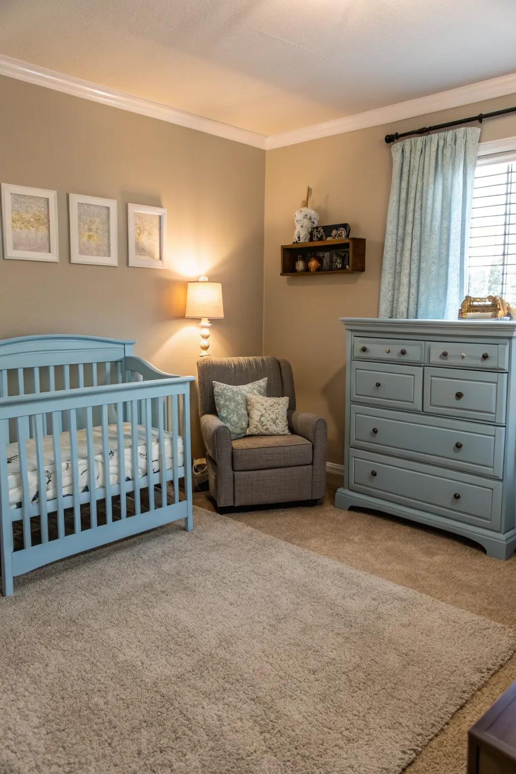 Baby blue furniture adds a subtle pop of color to a serene bedroom.