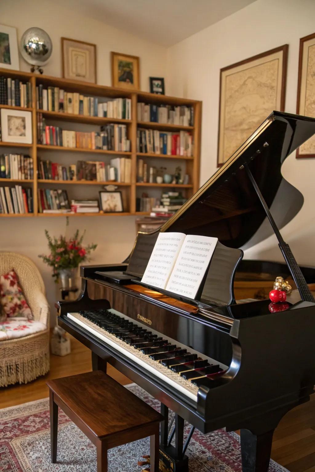 Bookshelves offer display and storage around the piano.