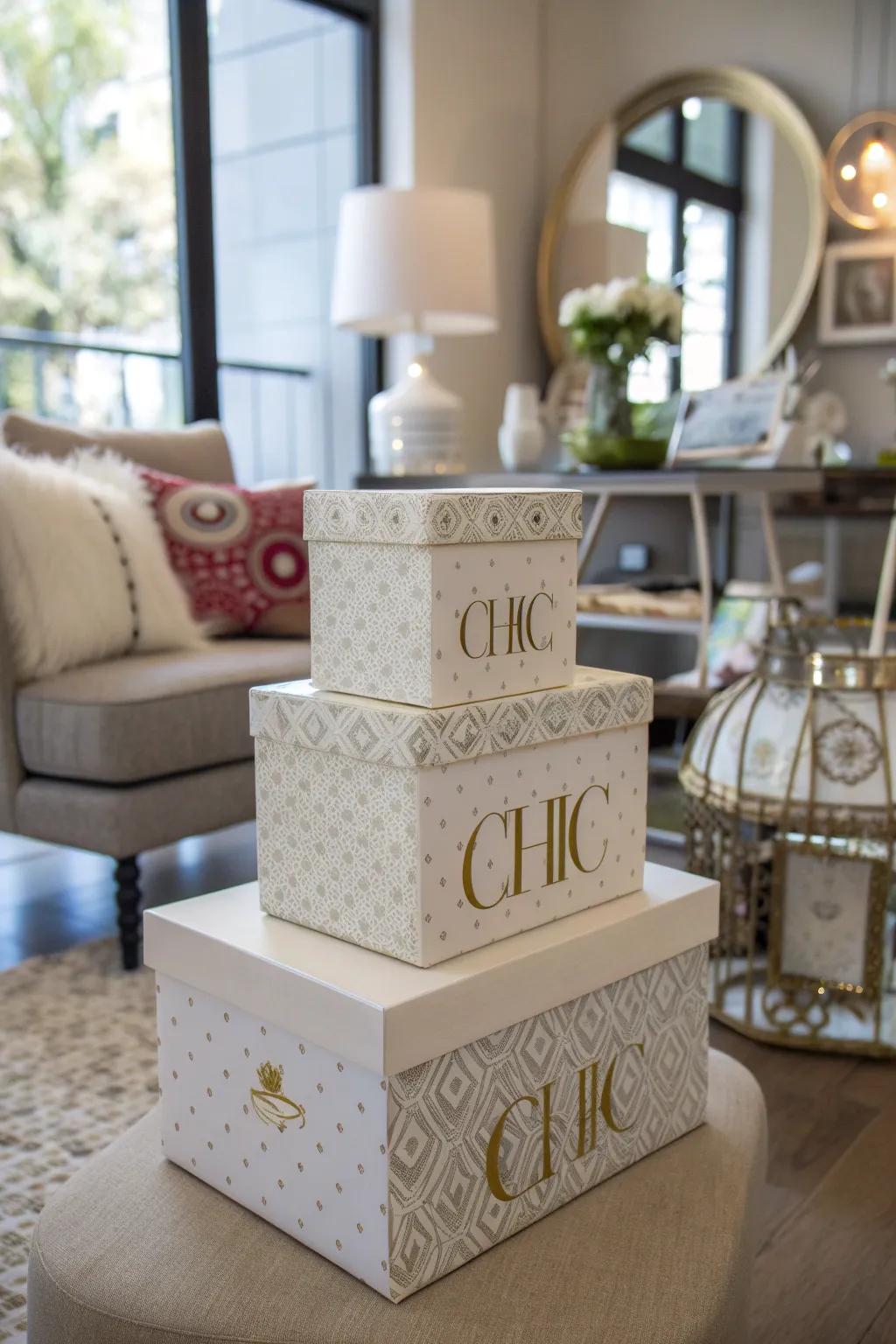 Decorative boxes add a chic and modern twist to the backdrop.