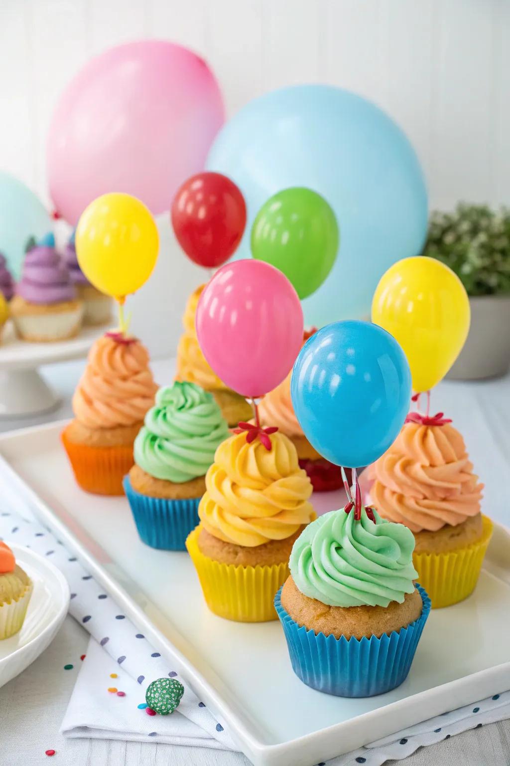 Balloon-themed cupcakes add a splash of fun to the celebration.
