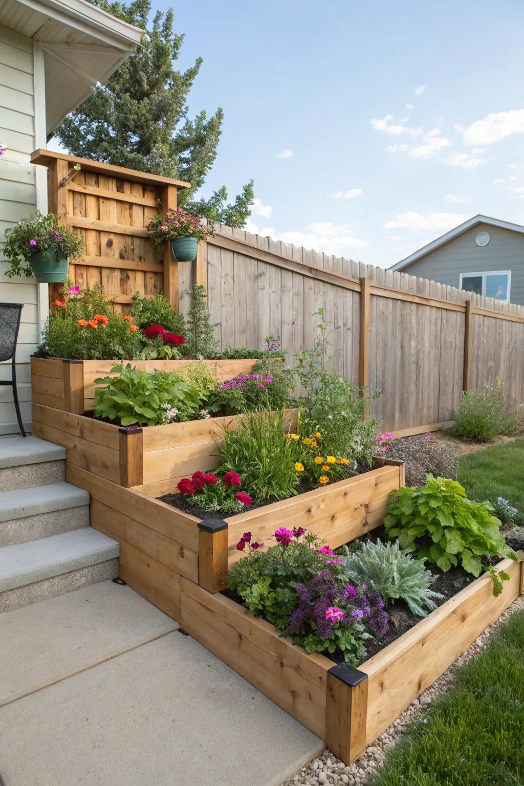 Tiered planters maximize space and visual interest.