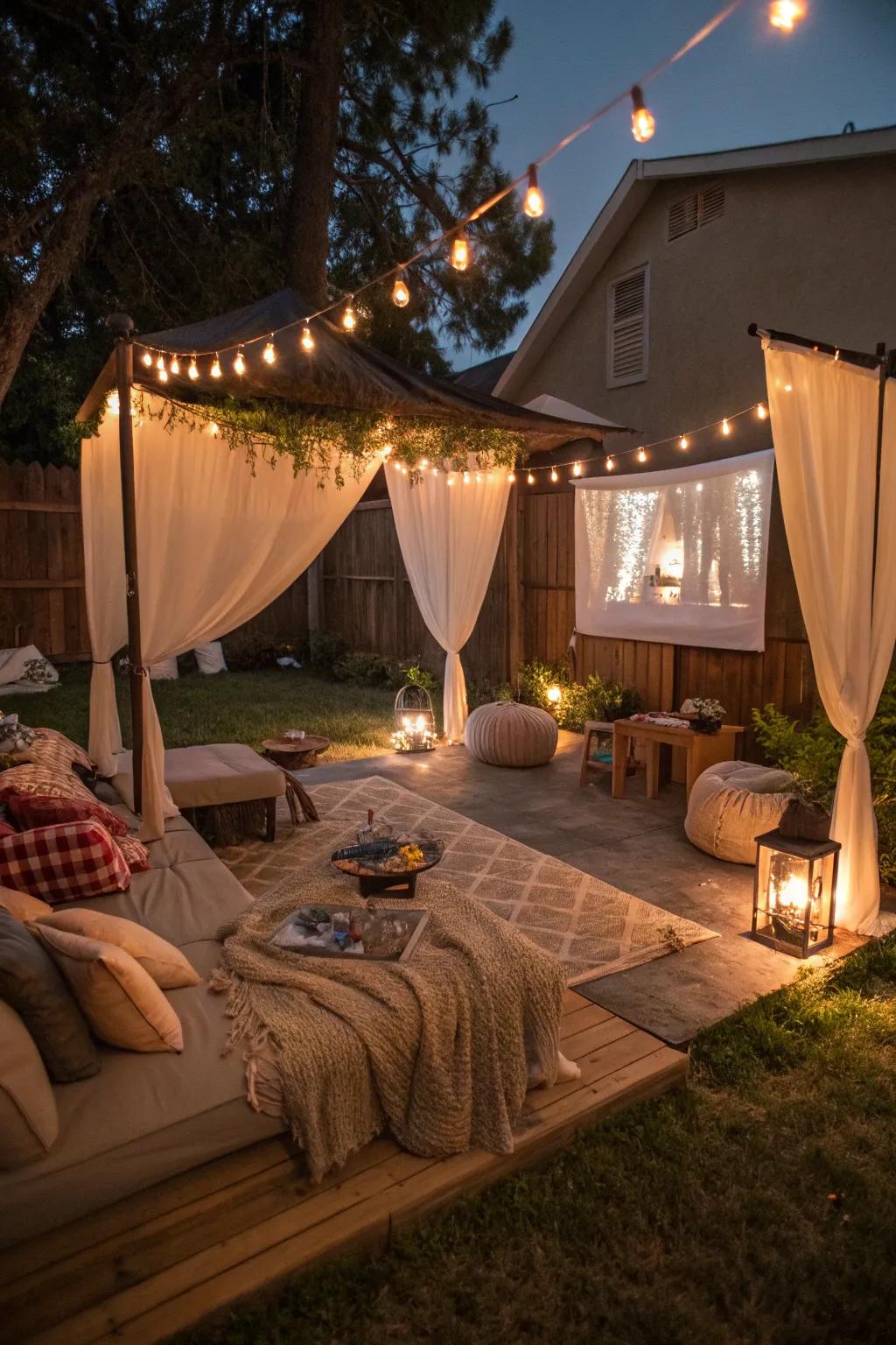 Tent canopies create an intimate and elegant movie night setting.